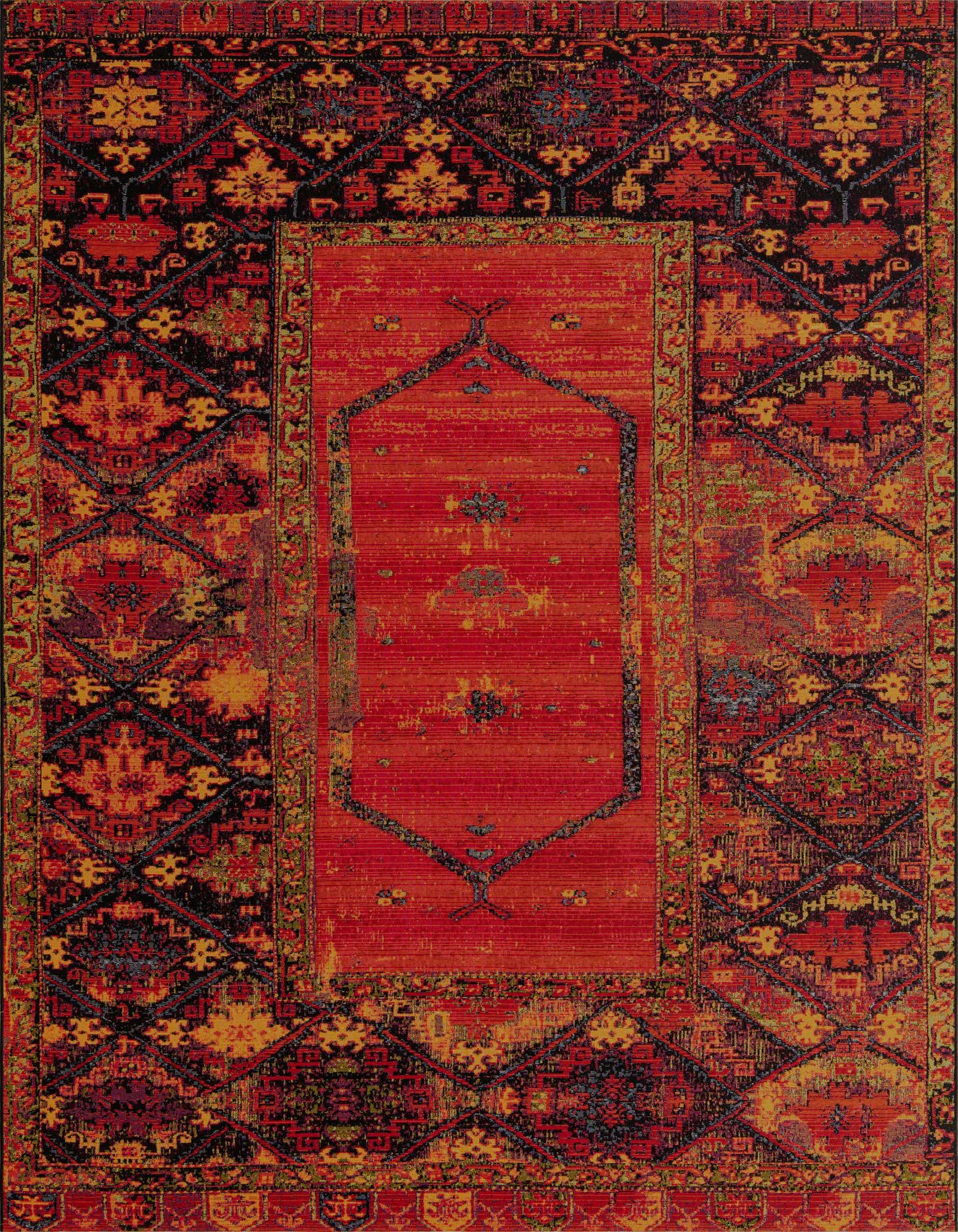 8x10 multi-colored rectangular rug with a distressed tribal medallion pattern, ideal for indoor or outdoor use.