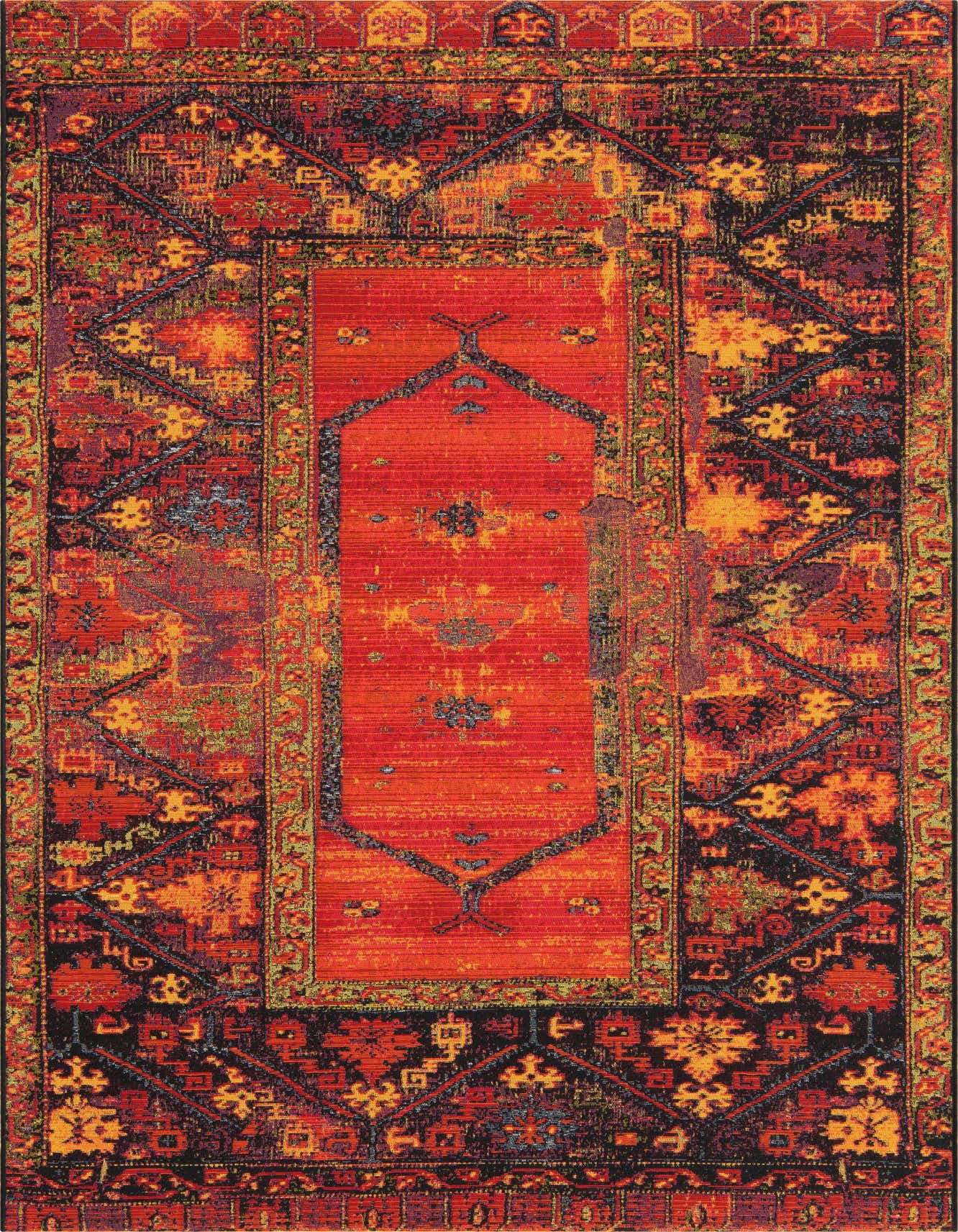A 2x3 rectangular multi-colored tribal rug with a distressed look, featuring a central red medallion and geometric patterns in orange, black, and purple.