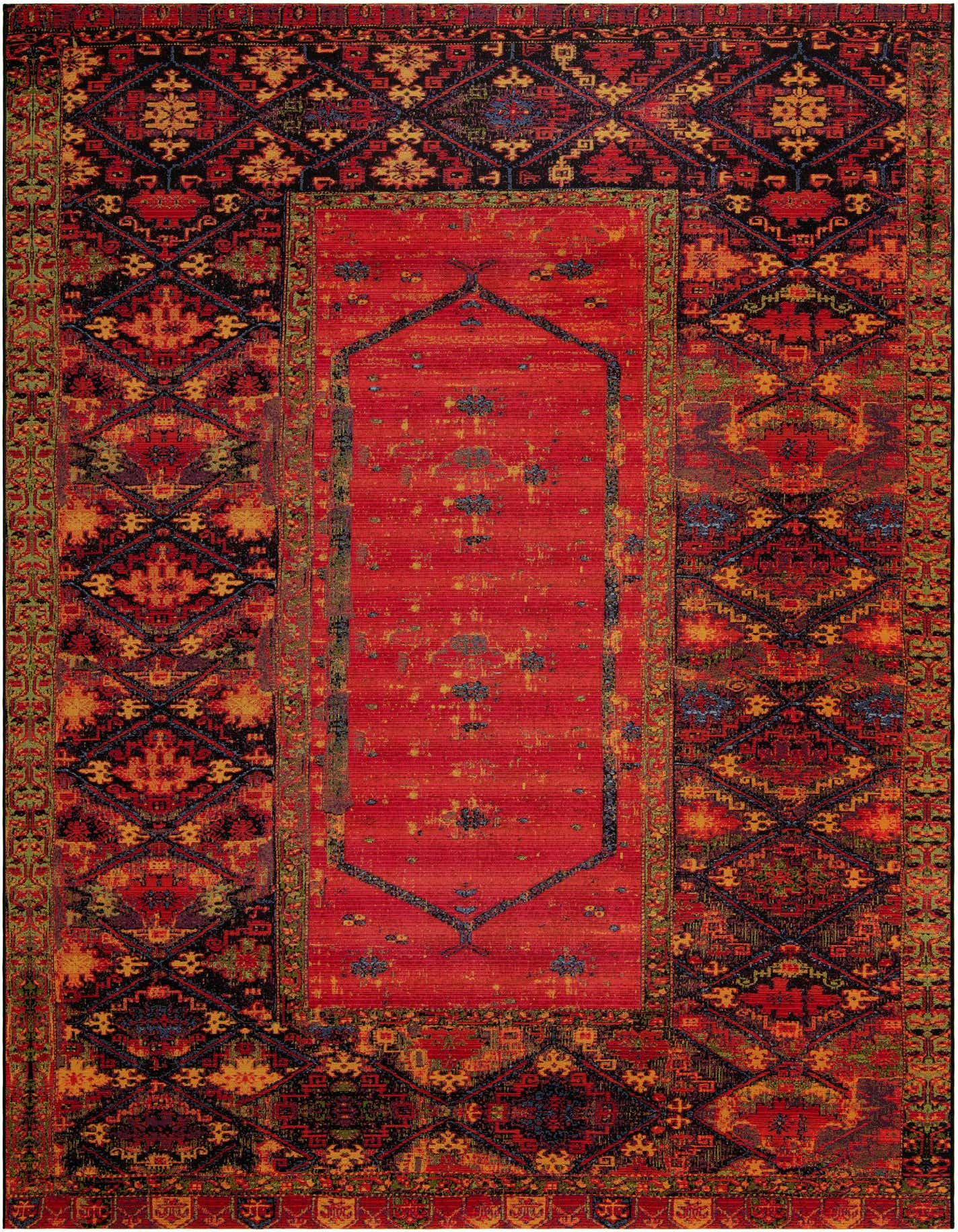 A 10x14 multi-colored rectangular Southwestern rug with a central red panel and intricate tribal patterns.