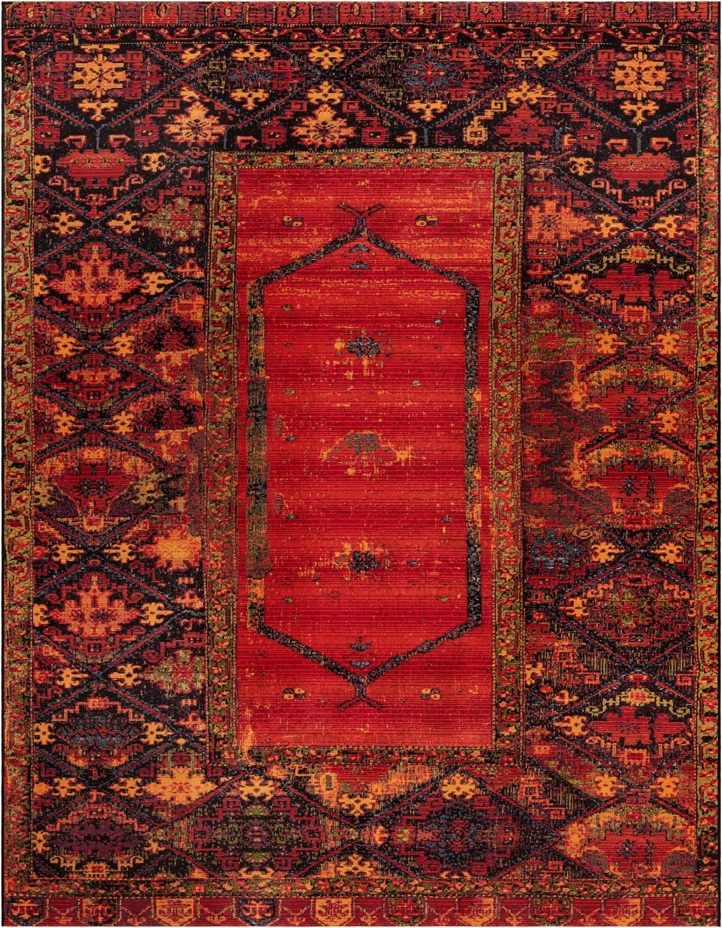 A vibrant 8x11 multi-colored rectangular rug with a distressed Oriental tribal pattern, featuring a central red medallion and a dark border.