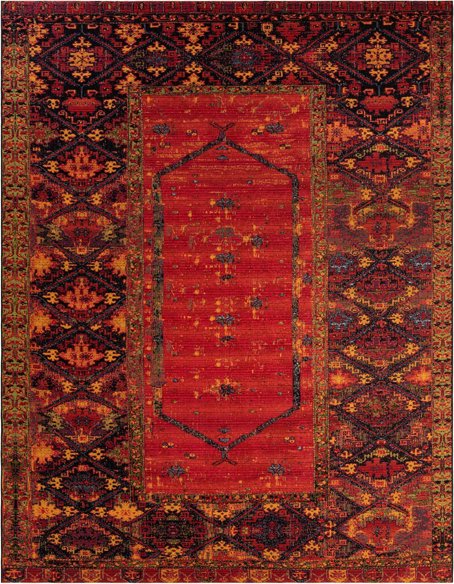 A 10x13 rectangular multi-colored vintage tribal rug with a distressed red center and dark patterned border.