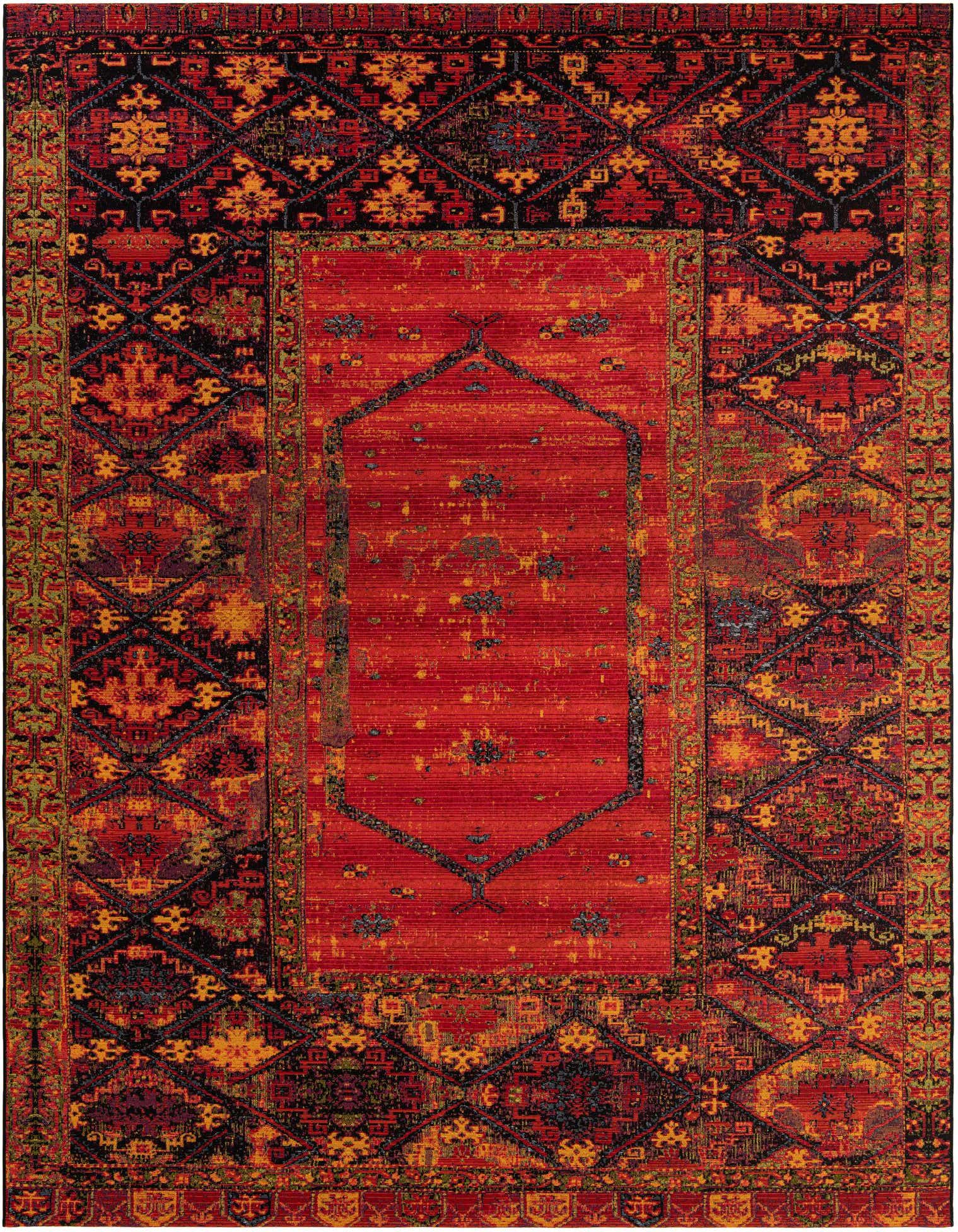 A 9x12 multi-colored rectangular rug with a vintage tribal pattern, featuring a vibrant red center and dark borders with geometric designs, suitable for indoor or outdoor use.