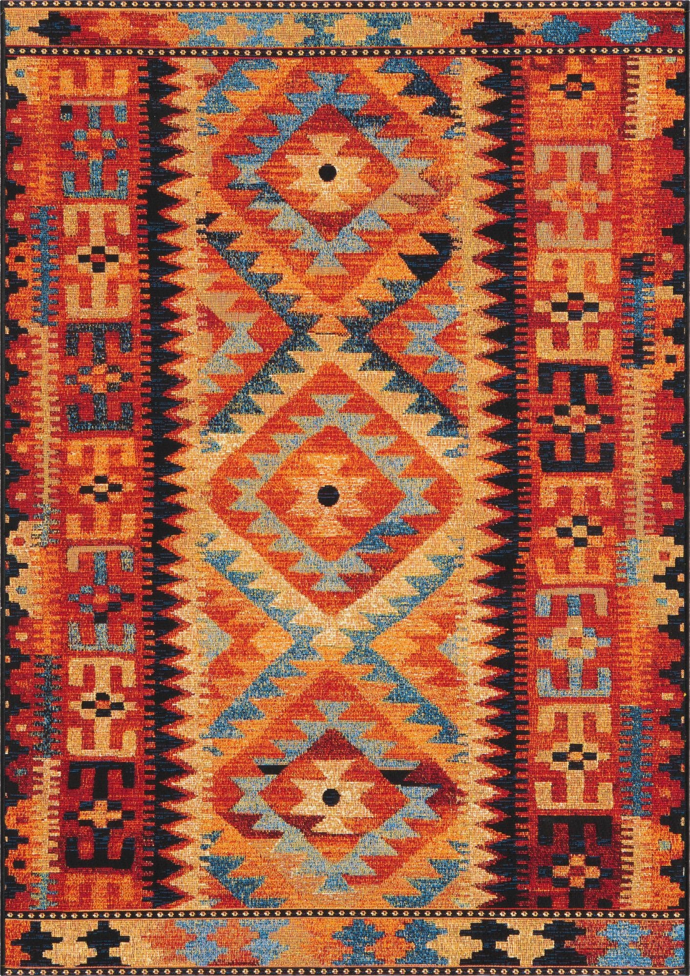 A vibrant 2x3 rectangular indoor/outdoor rug featuring a multi-colored tribal pattern with orange, red, and blue geometric shapes.