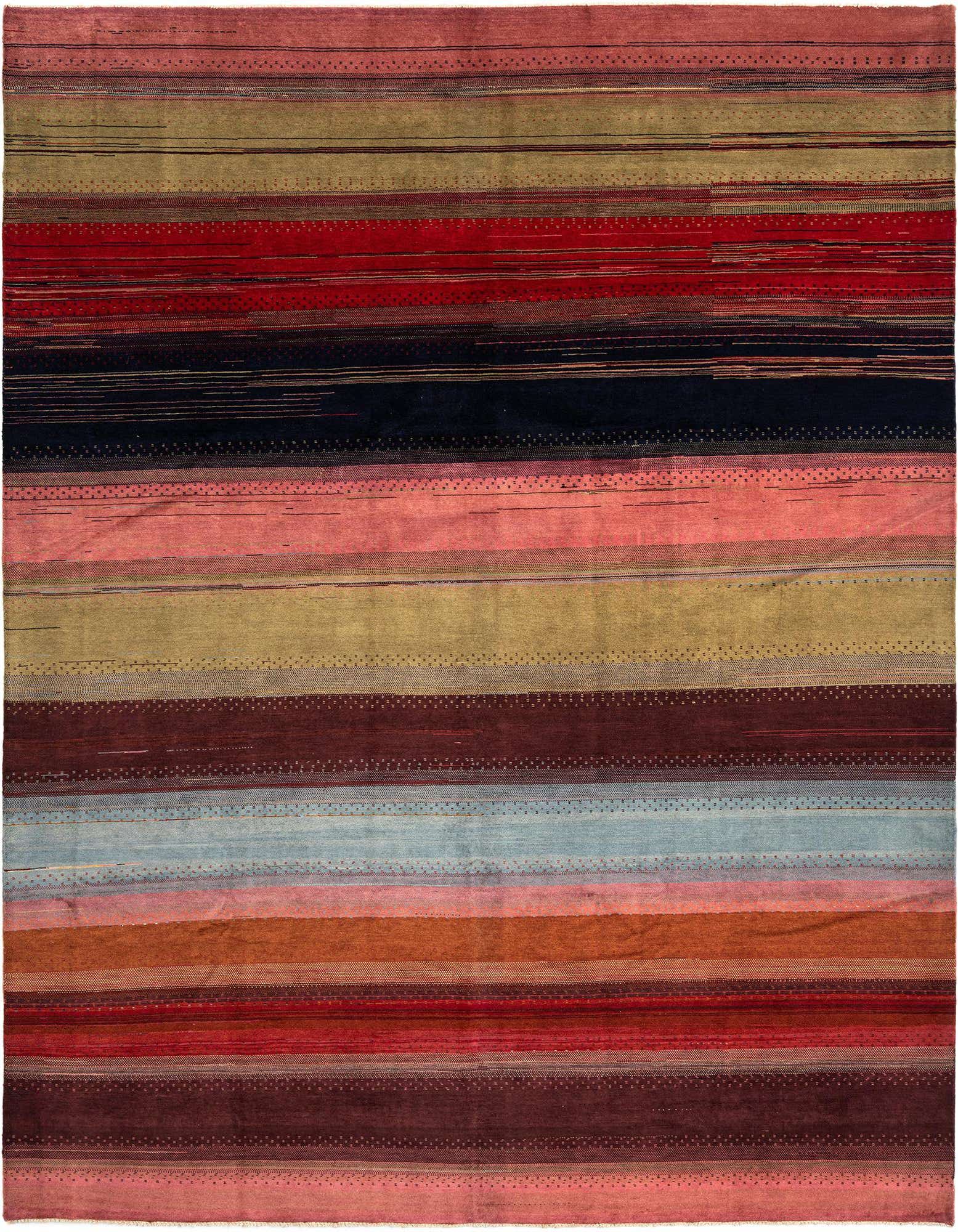 A rectangular 8x11 multi-colored modern wool rug featuring horizontal stripes in various shades of red, pink, blue, green, and brown, with subtle dotted patterns within some stripes.