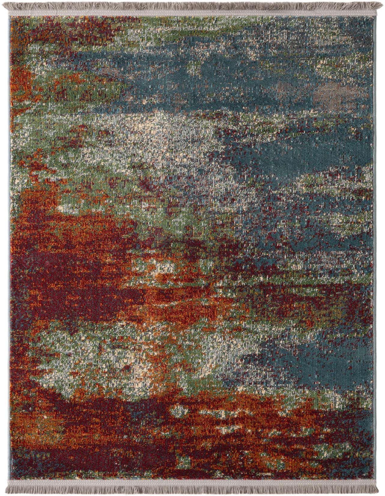 A 3x5 rectangular modern abstract rug featuring a multi-colored pattern of teal, rust, green, and cream, with a thin pile.