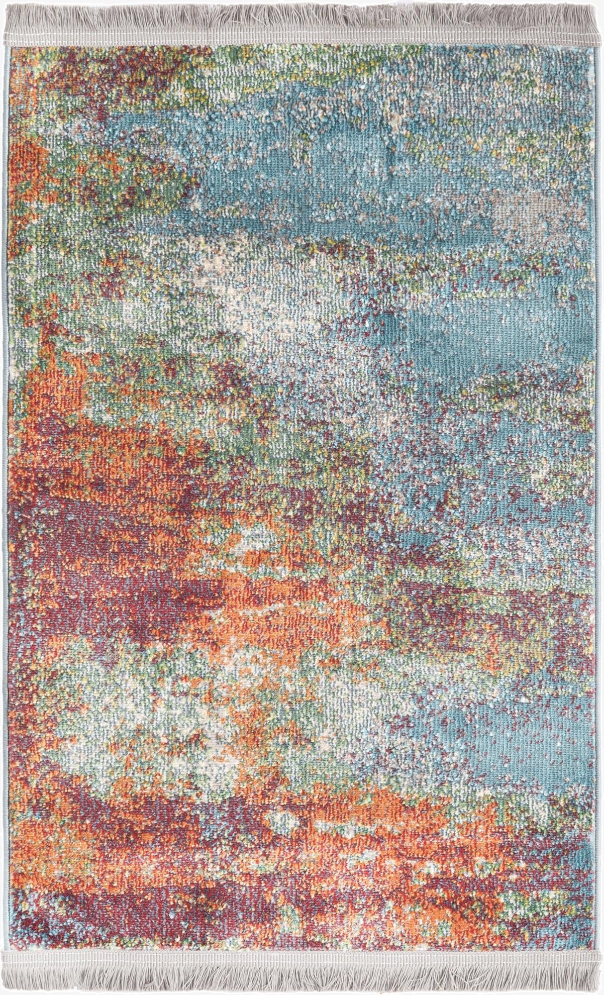 A 2x3 rectangular Rugs.com Paragon rug featuring a modern abstract pattern in multi-colored hues of blue, orange, red, and green.