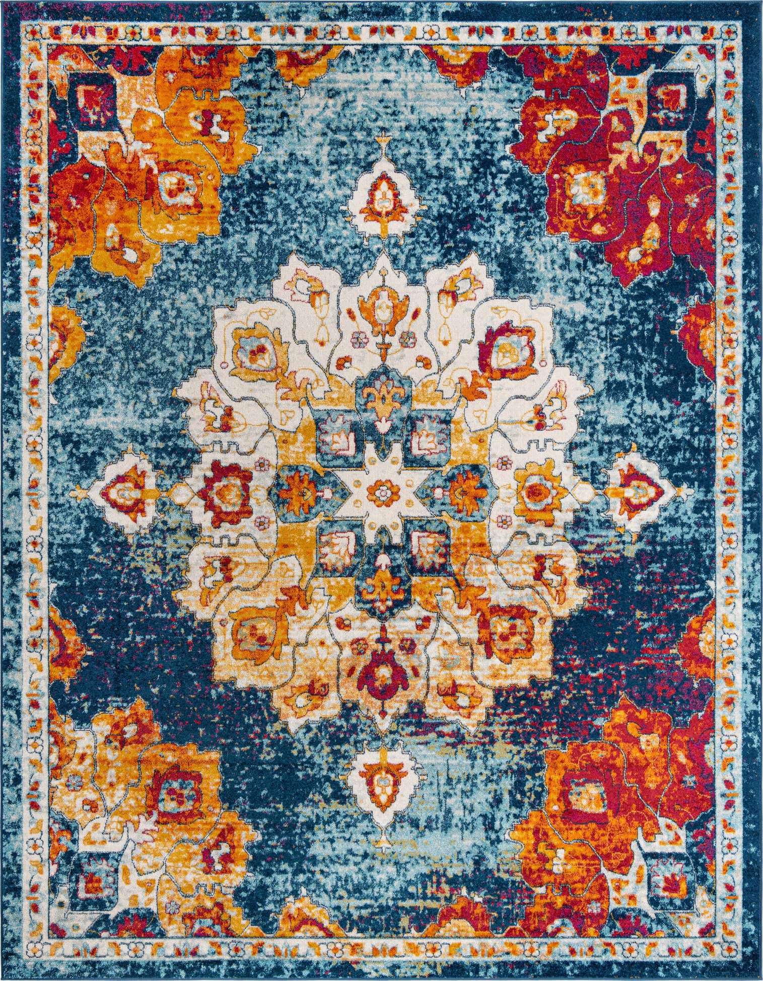 A 9x12 rectangular Parker Collection rug featuring a multi-colored traditional medallion and botanical pattern on a distressed blue background.