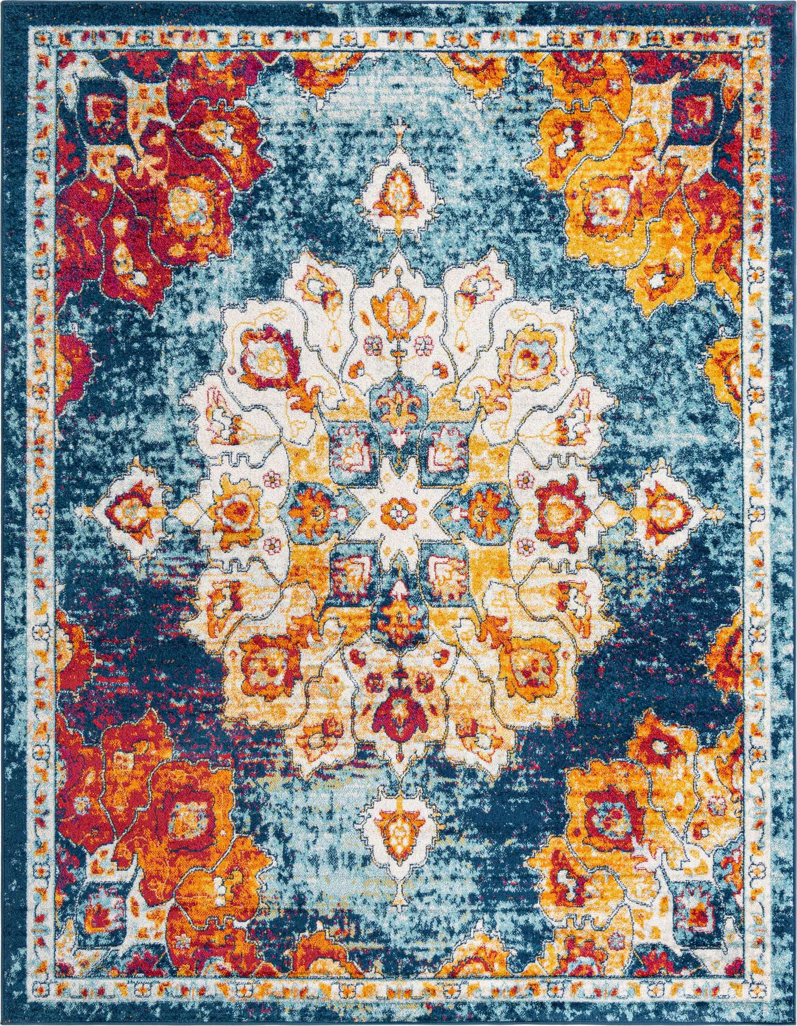 A vibrant 8x10 rectangular Rugs.com Parker rug featuring a distressed multi-colored medallion and floral pattern in blues, reds, oranges, and cream.