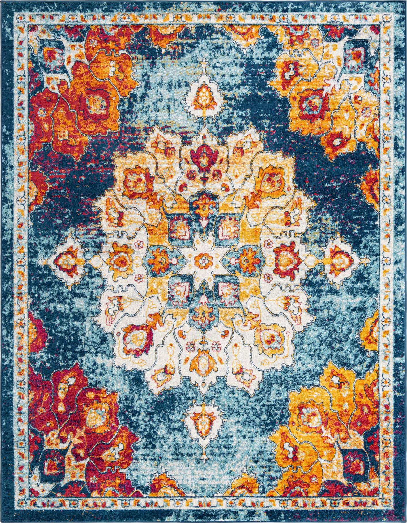 A 7x10 rectangular Rugs.com Parker rug with a multi-colored traditional medallion pattern in a vintage style, featuring shades of blue, orange, red, and cream.