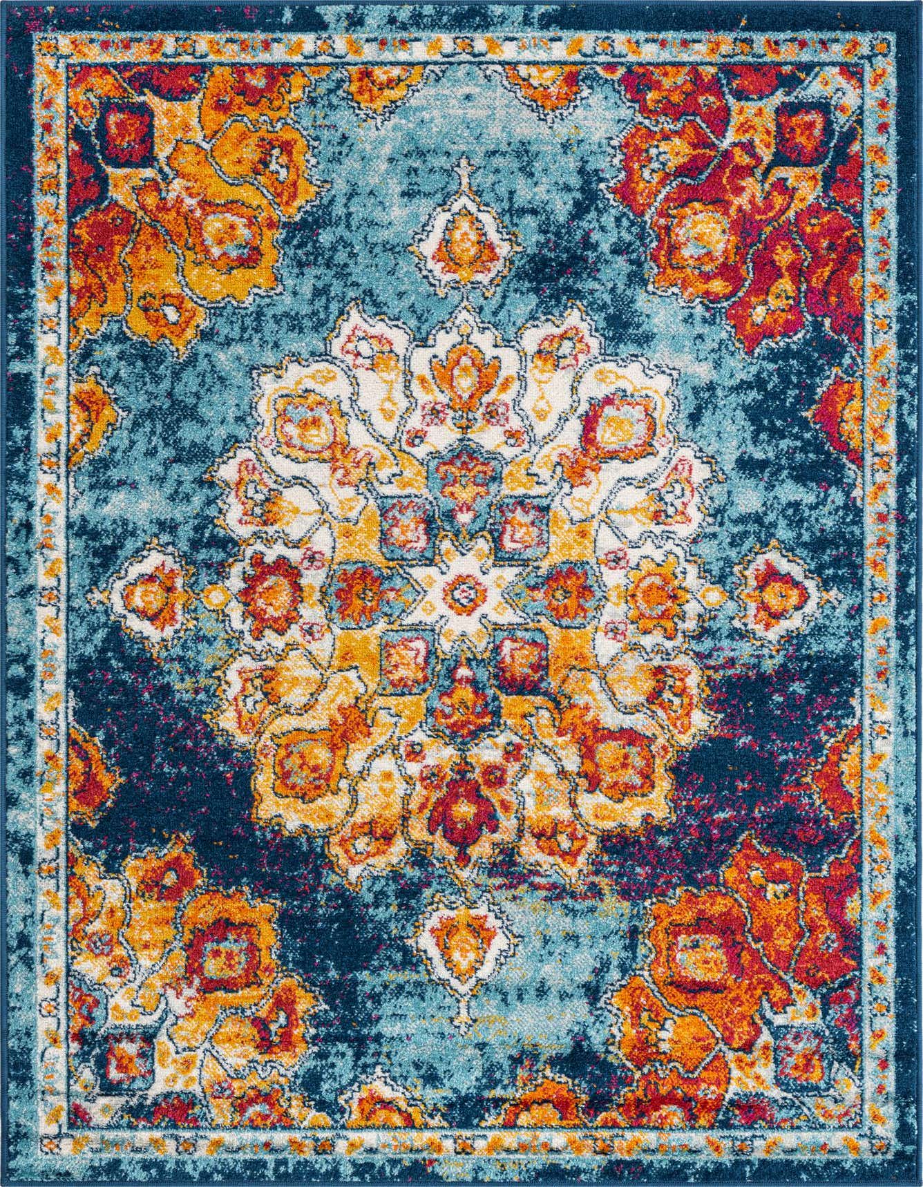 A 4x6 rectangular multi-colored rug with a distressed traditional medallion pattern in shades of blue, orange, red, and yellow.
