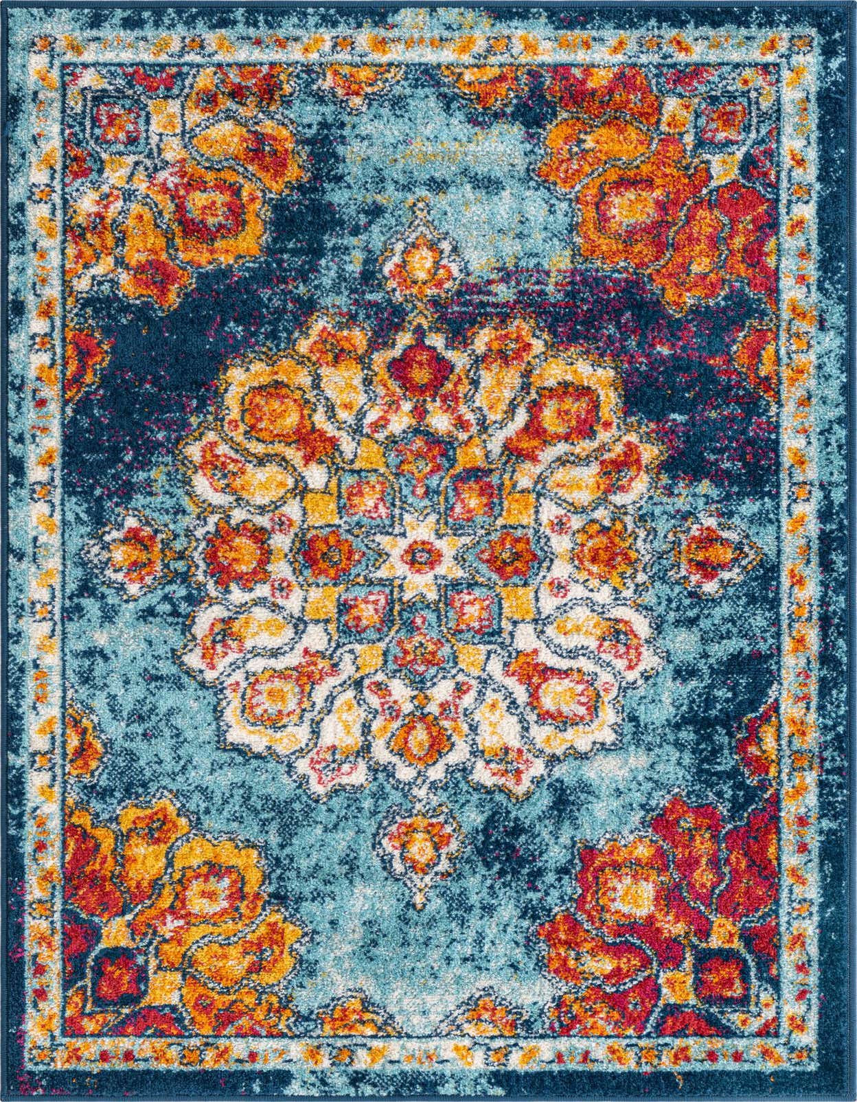 A 3x5 rectangular Rugs.com Parker rug featuring a distressed multi-colored traditional medallion pattern in blues, oranges, and reds.