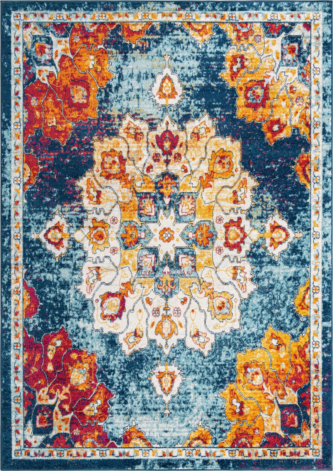 A 7x10 rectangular Rugs.com Parker rug with a multi-colored traditional medallion pattern in a vintage style, featuring shades of blue, orange, red, and cream.