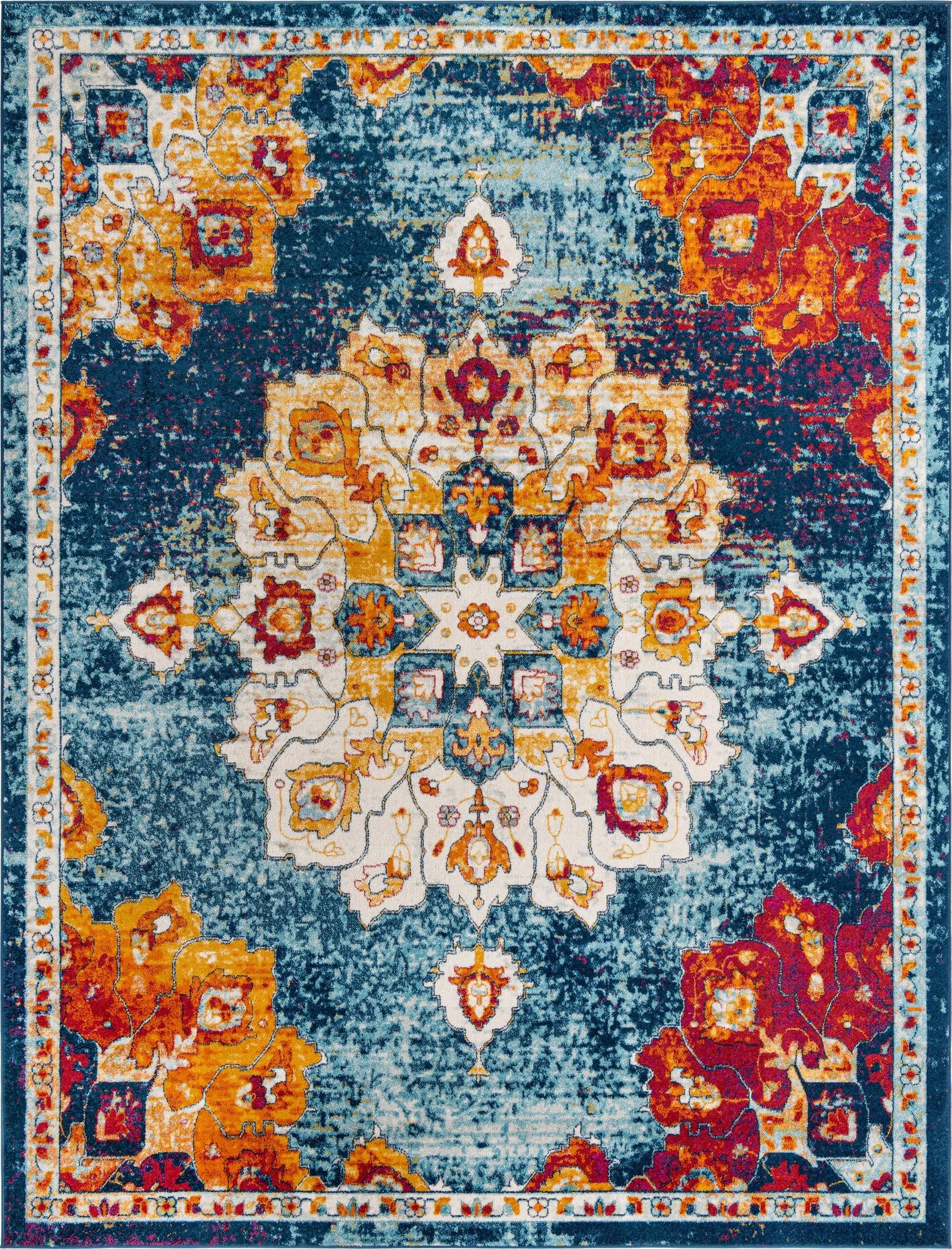 A 10x13 rectangular multi-colored traditional rug with a distressed medallion pattern in blue, orange, red, and cream.