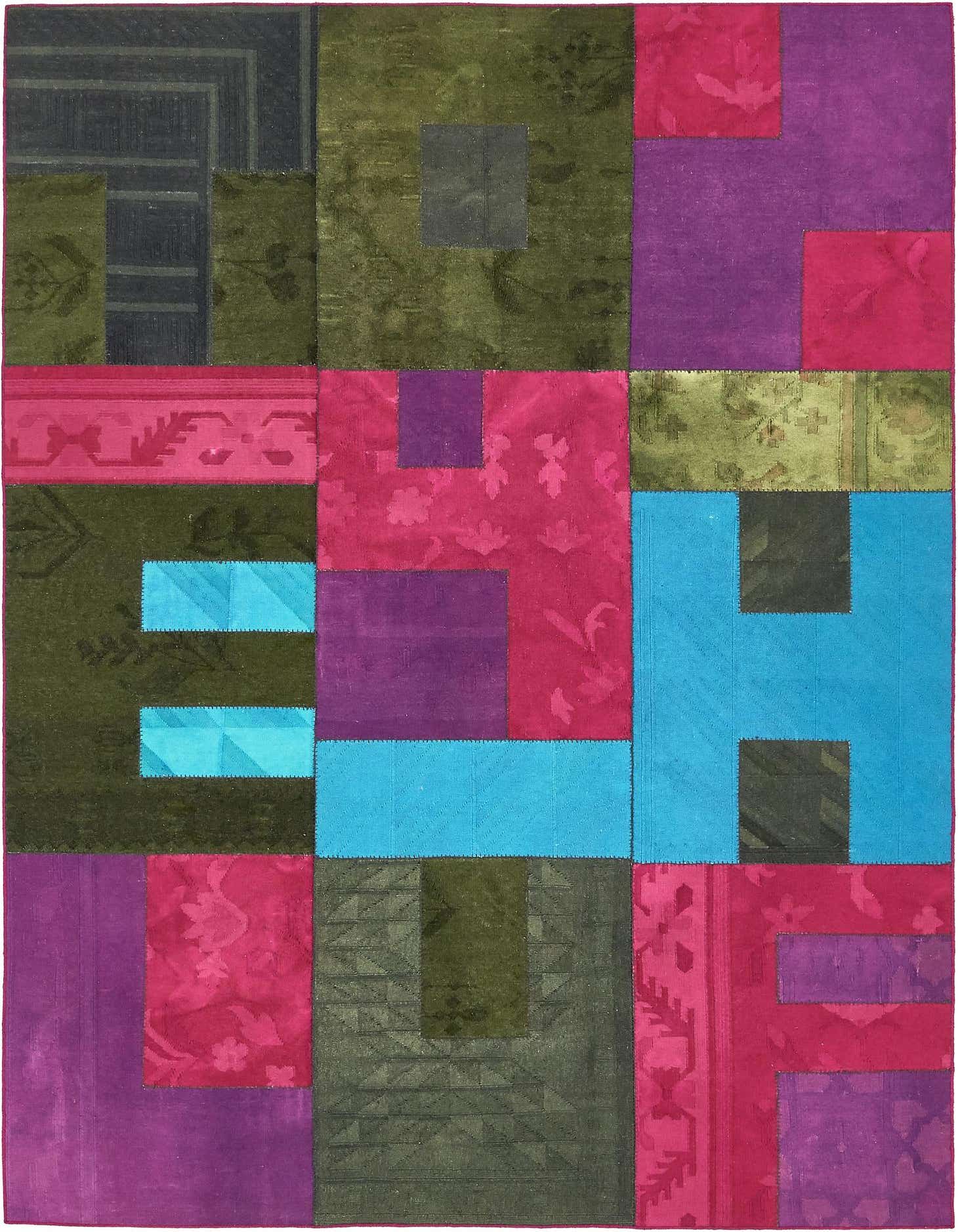 A vibrant 7x10 rectangular patchwork rug with a modern abstract design, featuring blocks of fuchsia, purple, teal, and olive green.