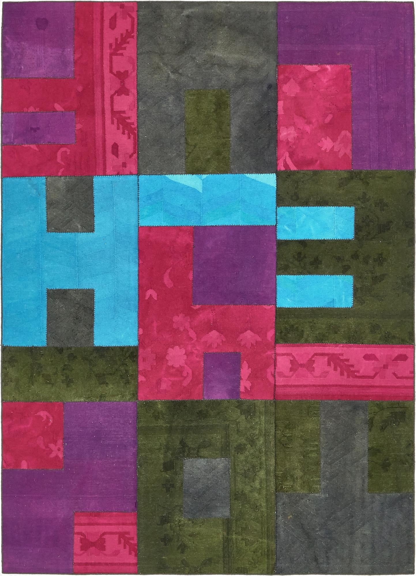  7' 2 x 10'  Hand Woven Patchwork Wool Rug