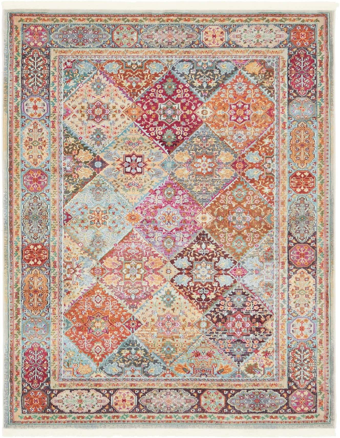 A 4x6 multi-colored rectangular rug with a bohemian patchwork design, featuring various floral and geometric patterns.