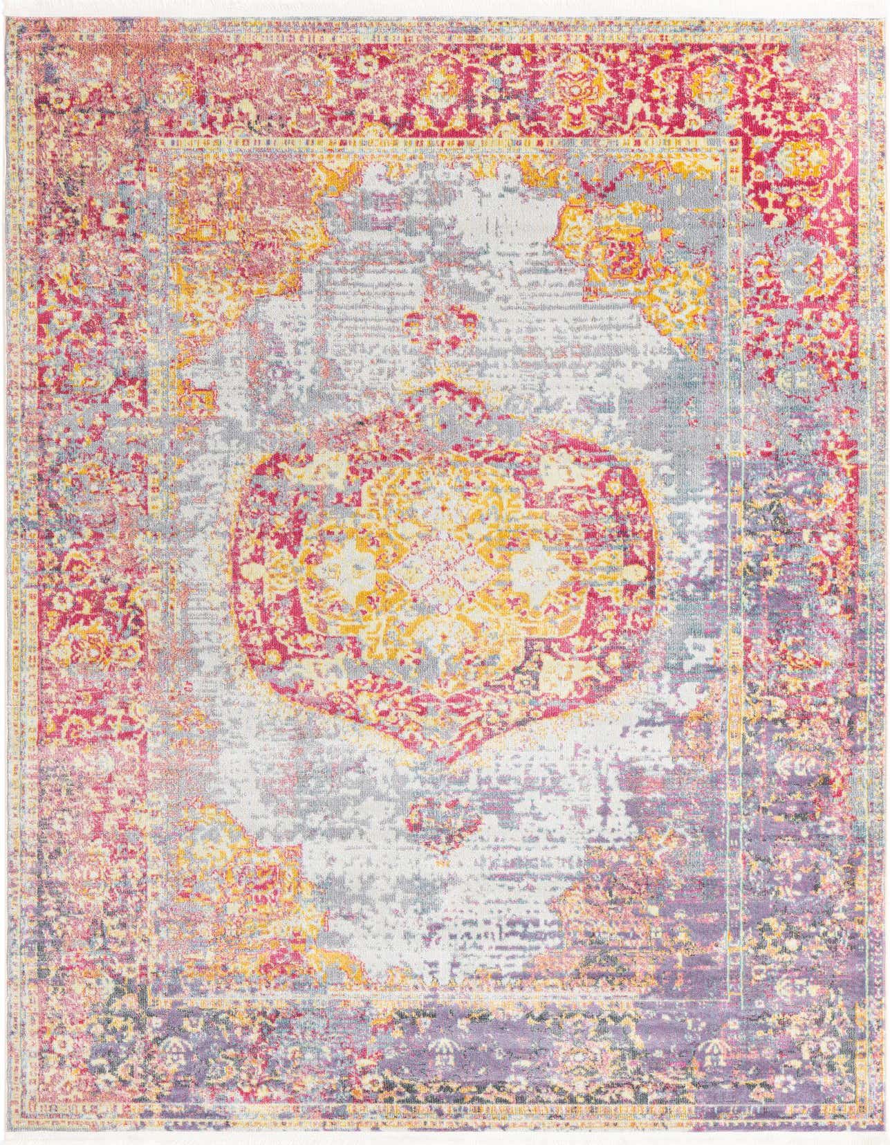 A 5x8 rectangular multi-colored rug with an eclectic medallion pattern in shades of pink, yellow, purple, and gray, featuring a distressed vintage look.