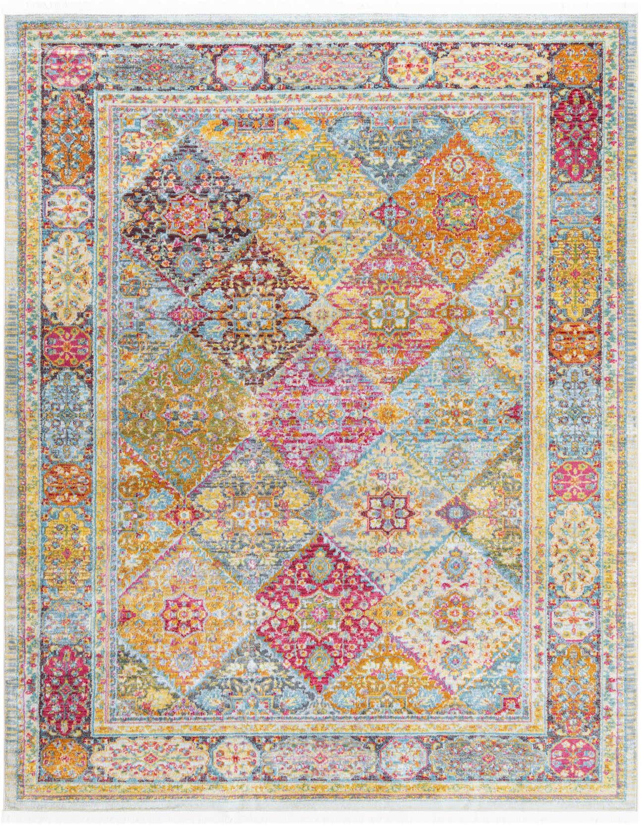 A vibrant 6x9 multi-colored rectangular area rug featuring a bohemian patchwork design with floral and geometric patterns.