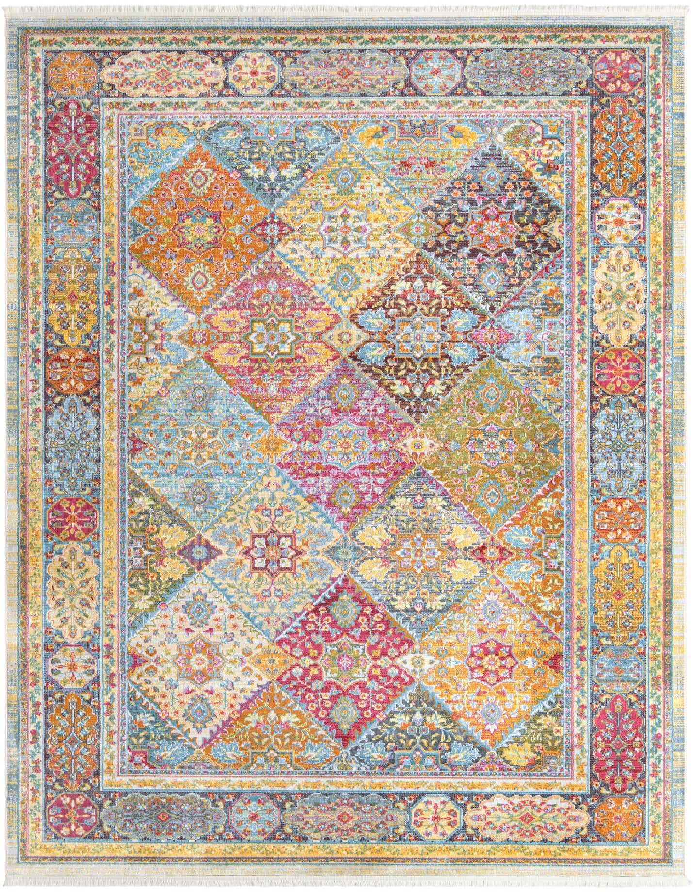 A 9x12 multi-colored rectangular rug with a vibrant patchwork of traditional and floral patterns, featuring a detailed border.