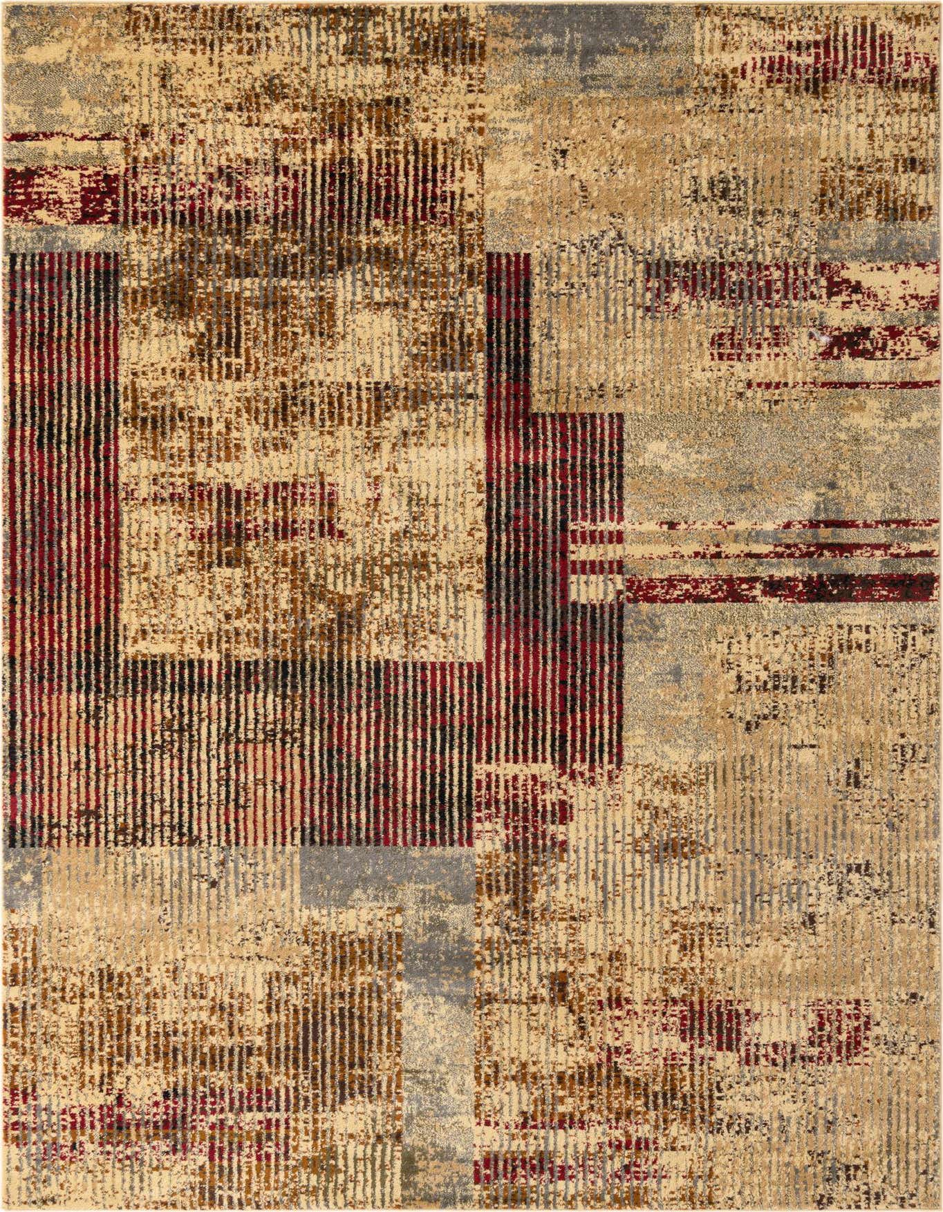 A 6x9 multi-colored rectangular rug with a modern abstract pattern in shades of beige, red, brown, and grey.