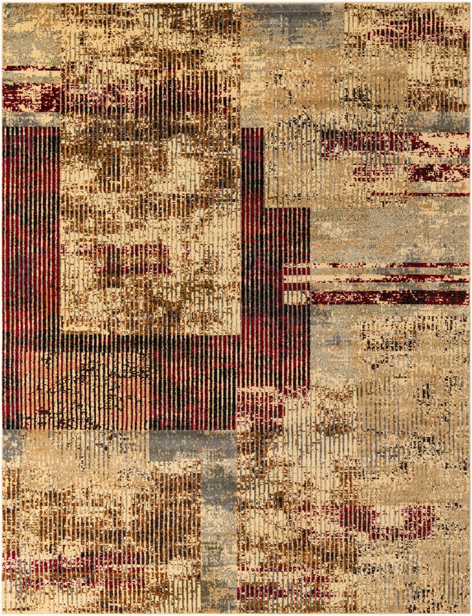 A rectangular 8x10 multi-colored modern abstract rug with distressed patterns in cream, red, brown, and gray, ideal for a living room.