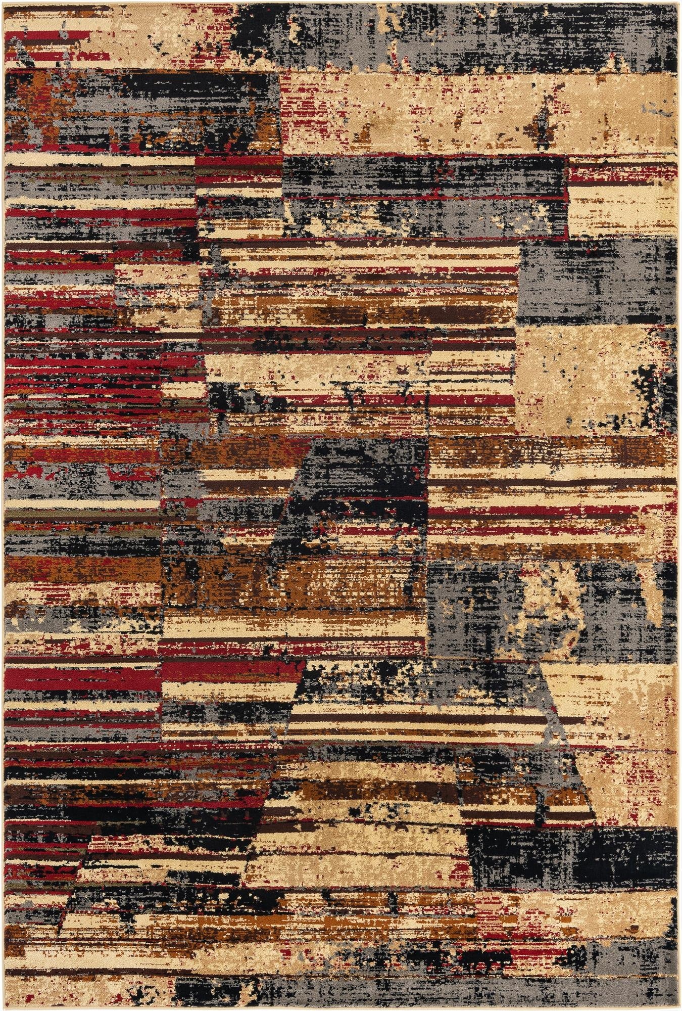 A 6x9 rectangular multi-colored modern area rug with a vintage stripe pattern, featuring shades of red, black, gray, and beige.