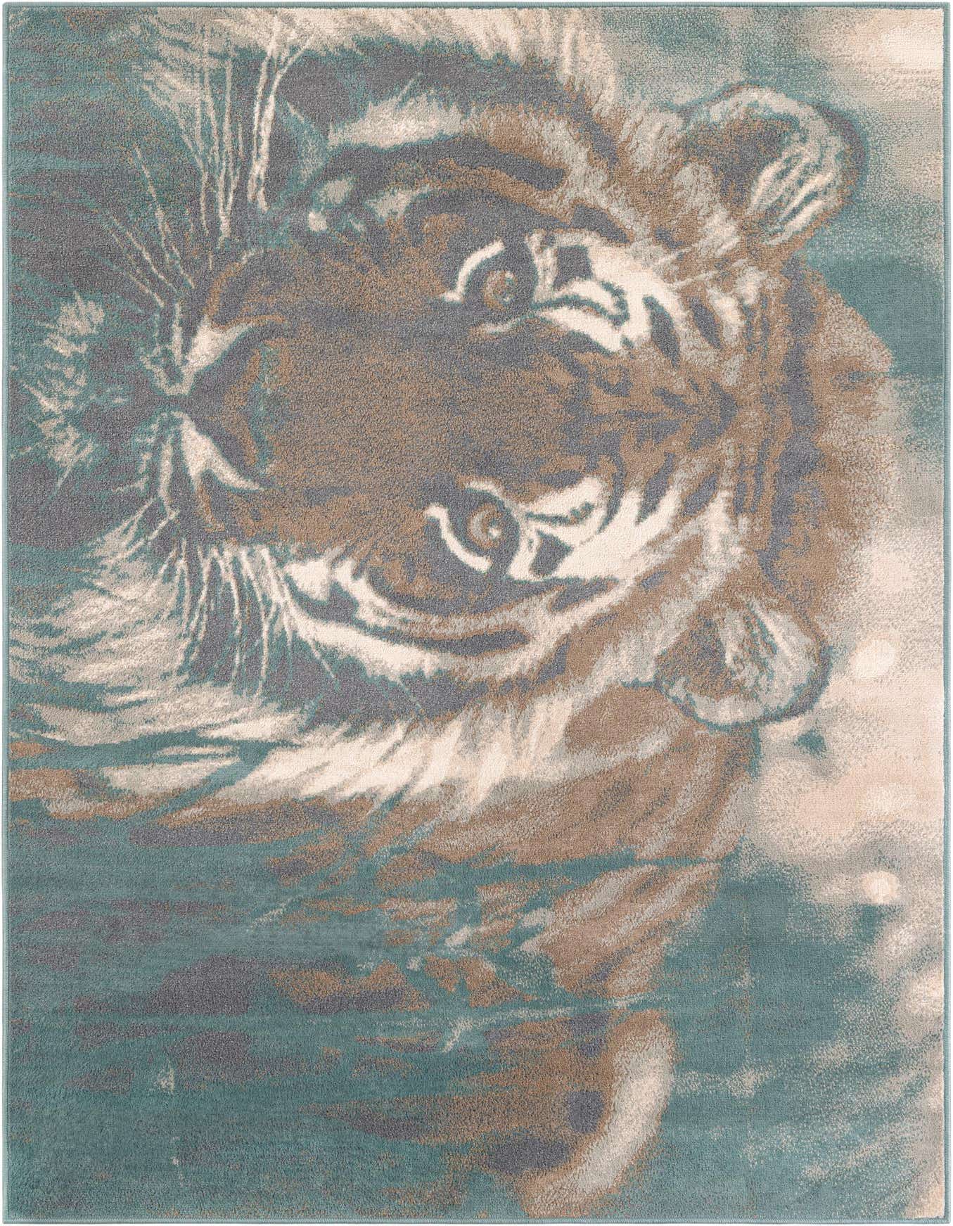 A rectangular 6x9 modern area rug featuring a multi-colored tiger face design in shades of blue, brown, and white.