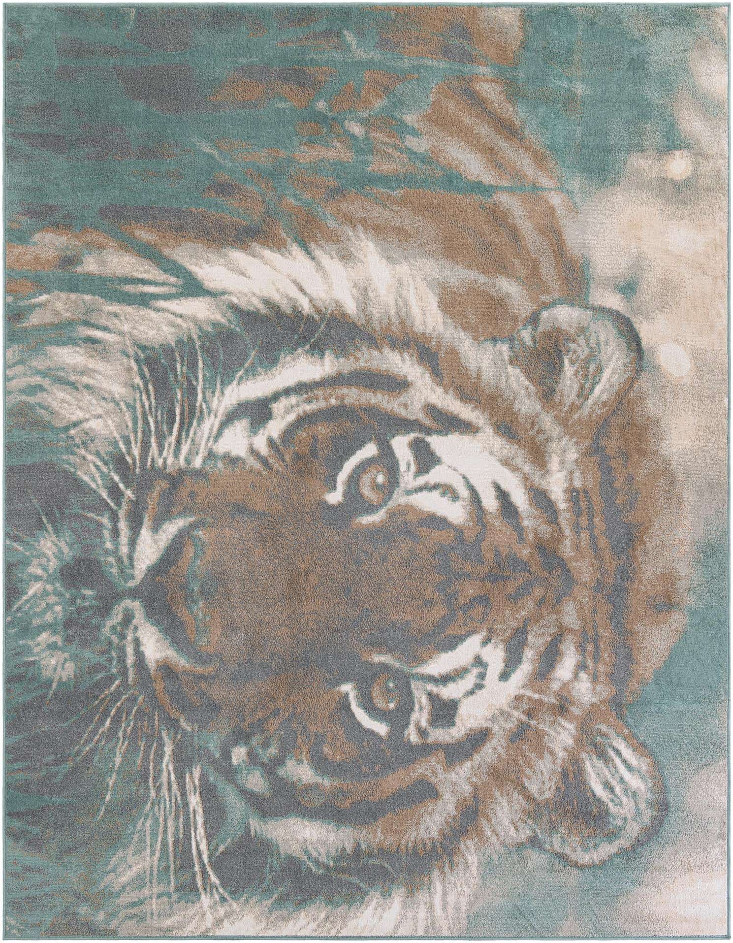 A rectangular 9x12 multi-colored rug featuring a modern, artistic depiction of a tiger's face in shades of teal, brown, and grey.