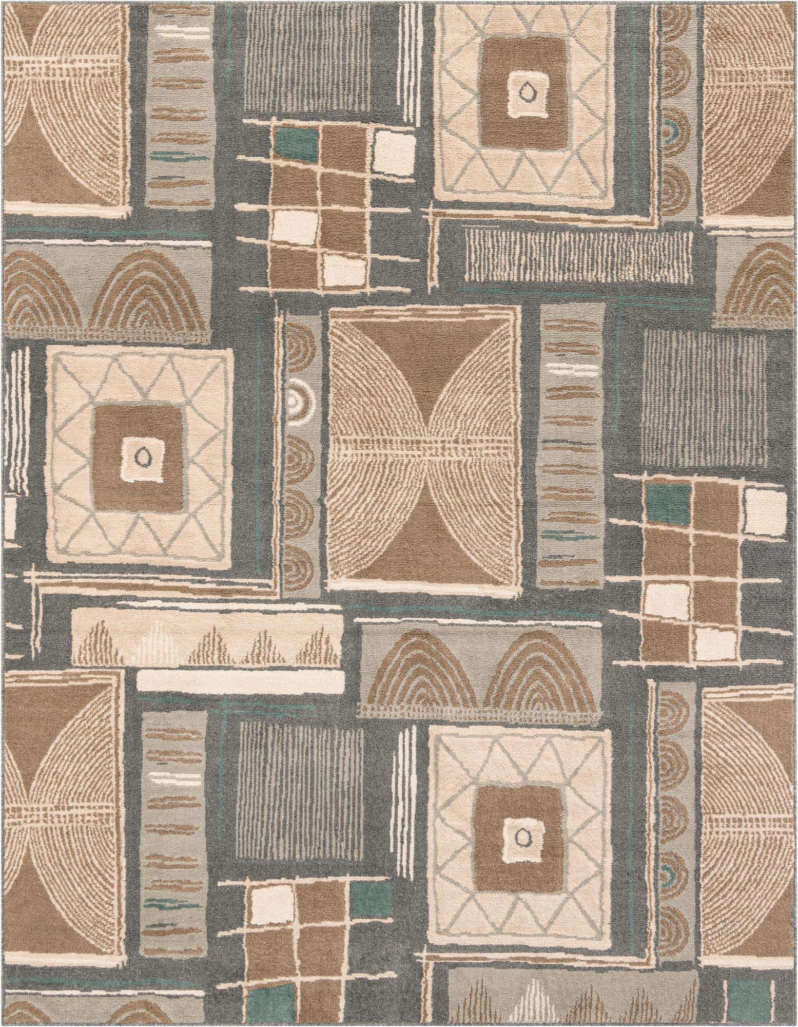 A multi-colored 8x10 rectangular rug with a modern abstract pattern featuring squares, lines, and arcs in shades of brown, beige, grey, and teal.
