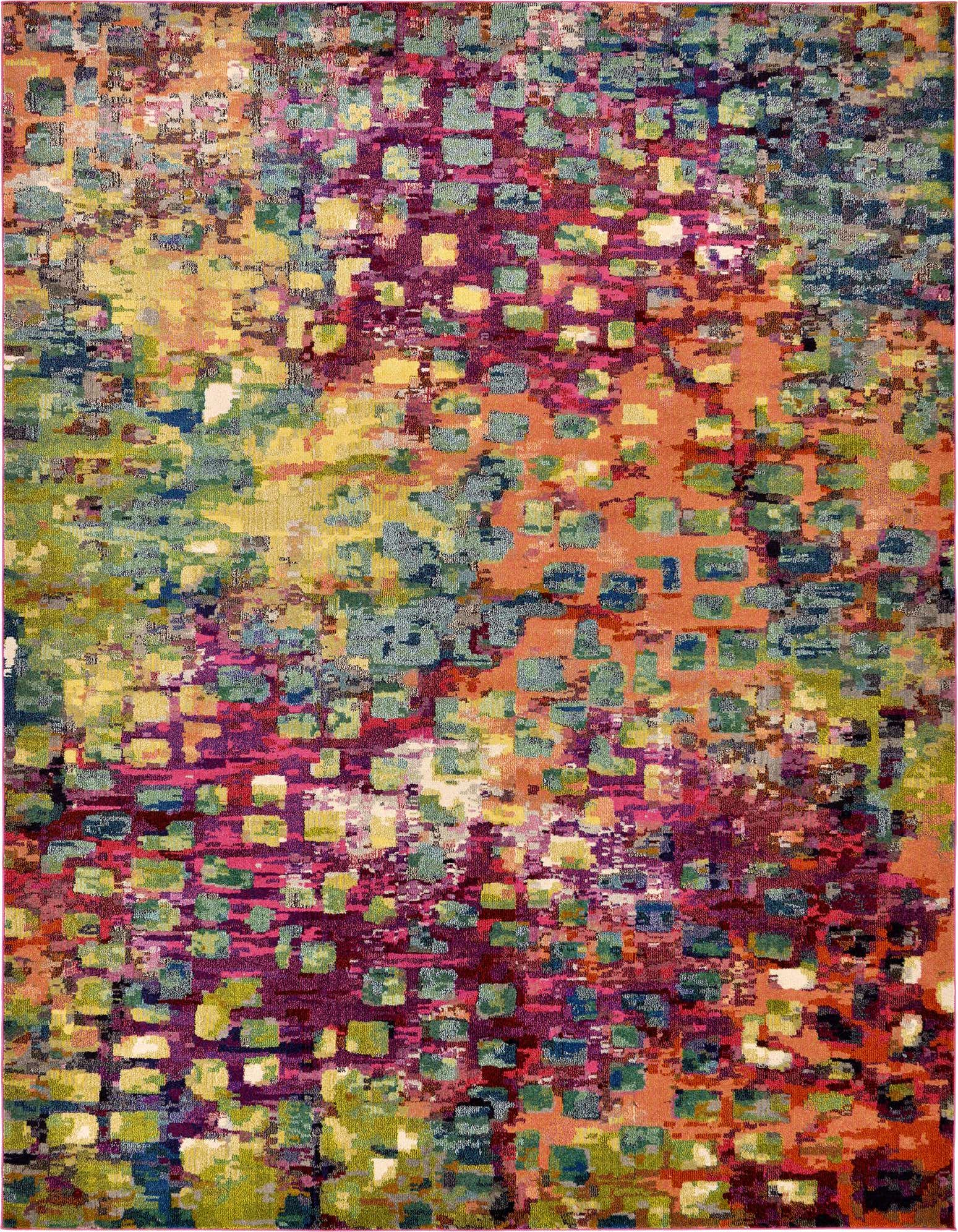 A vibrant 10x13 multi-colored rectangular rug with an abstract, eclectic pattern of squares in a modern indoor setting.