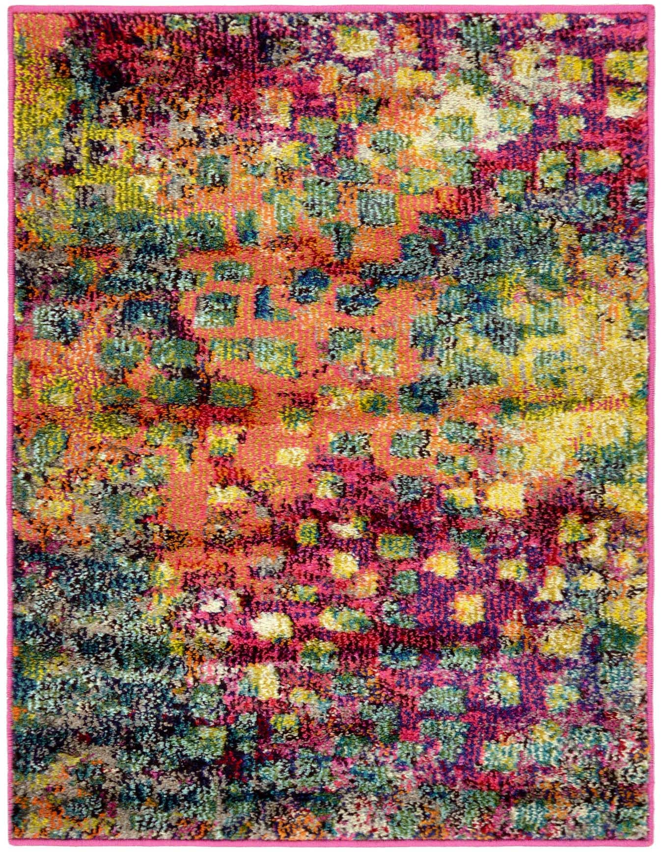 A vibrant 2x3 multi-colored rectangular rug with an abstract, eclectic pattern featuring shades of pink, yellow, blue, and green, ideal for a kitchen or entryway.