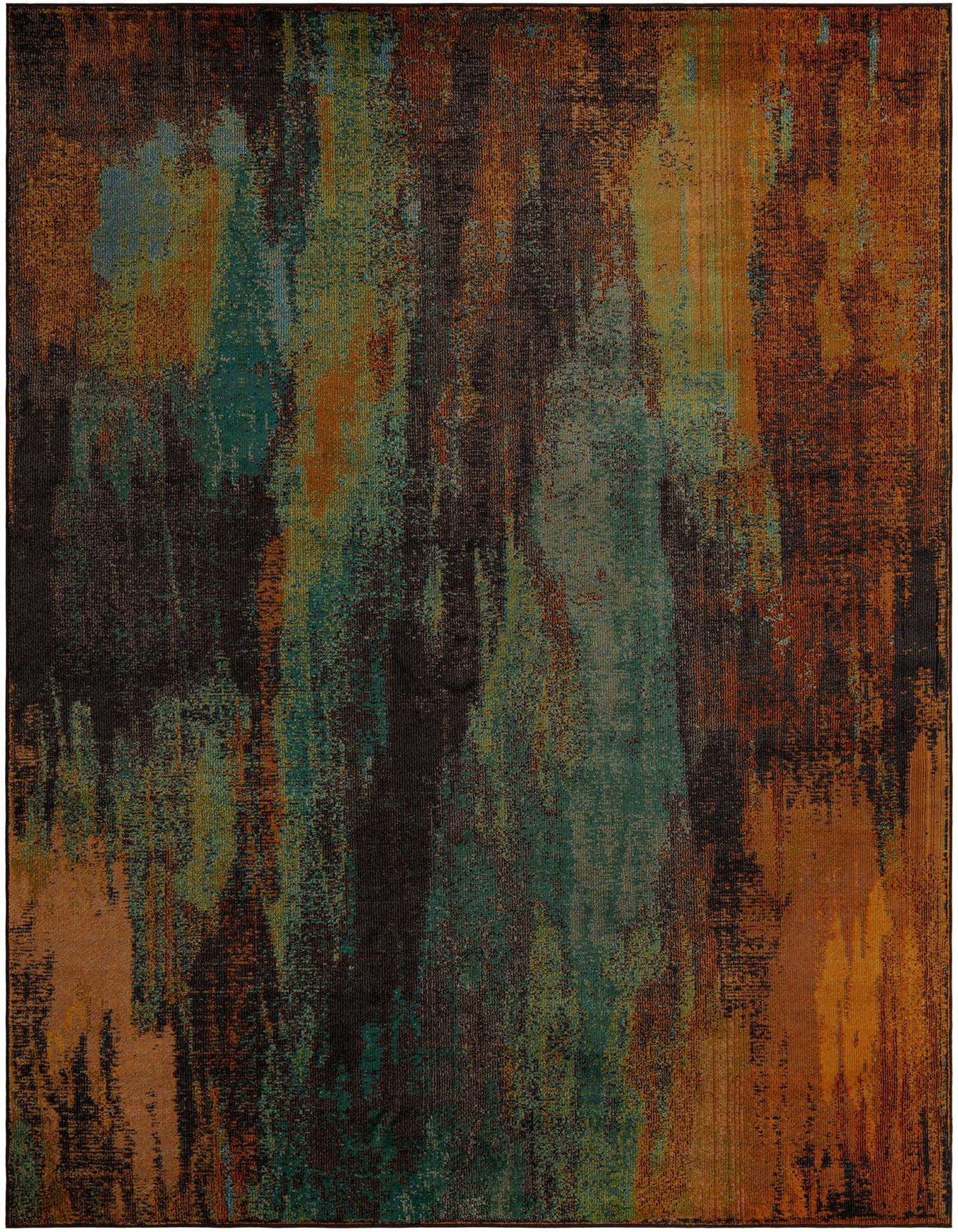 8x11 rectangular area rug with an abstract, modern multi-colored pattern in shades of teal, rust, and brown.