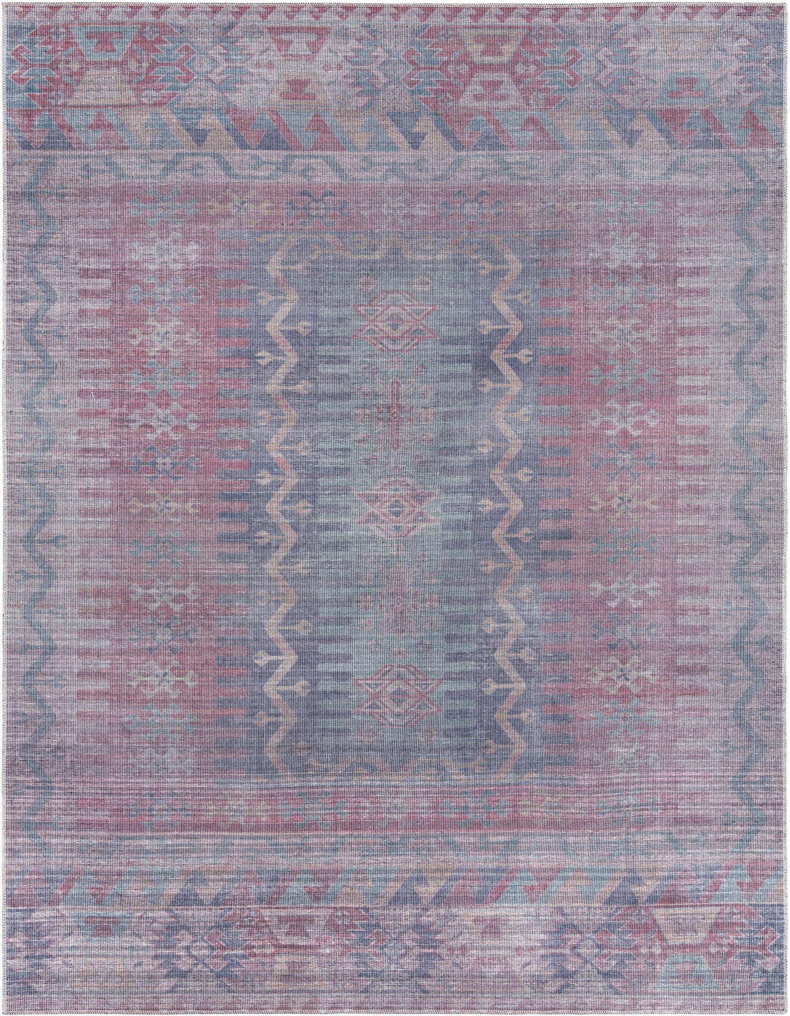 An 8x10 rectangular multi-colored rug with a distressed traditional tribal medallion pattern in shades of blue, red, and beige.