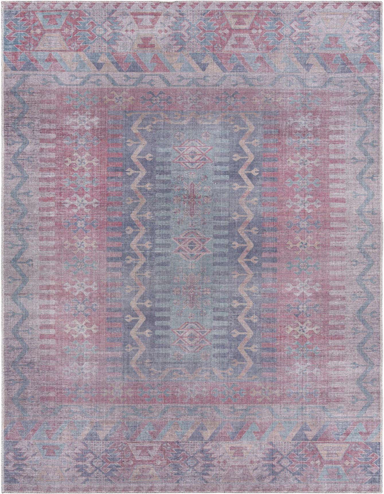 A 6x9 rectangular multi-colored rug with a faded traditional tribal medallion pattern in shades of red, blue, and beige.
