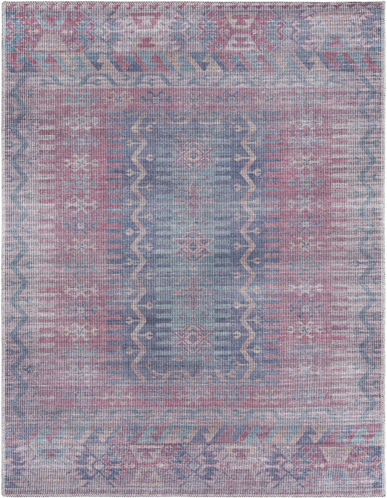 A 4x6 rectangular multi-colored rug with a faded traditional medallion and tribal pattern, featuring shades of blue, red, and beige.