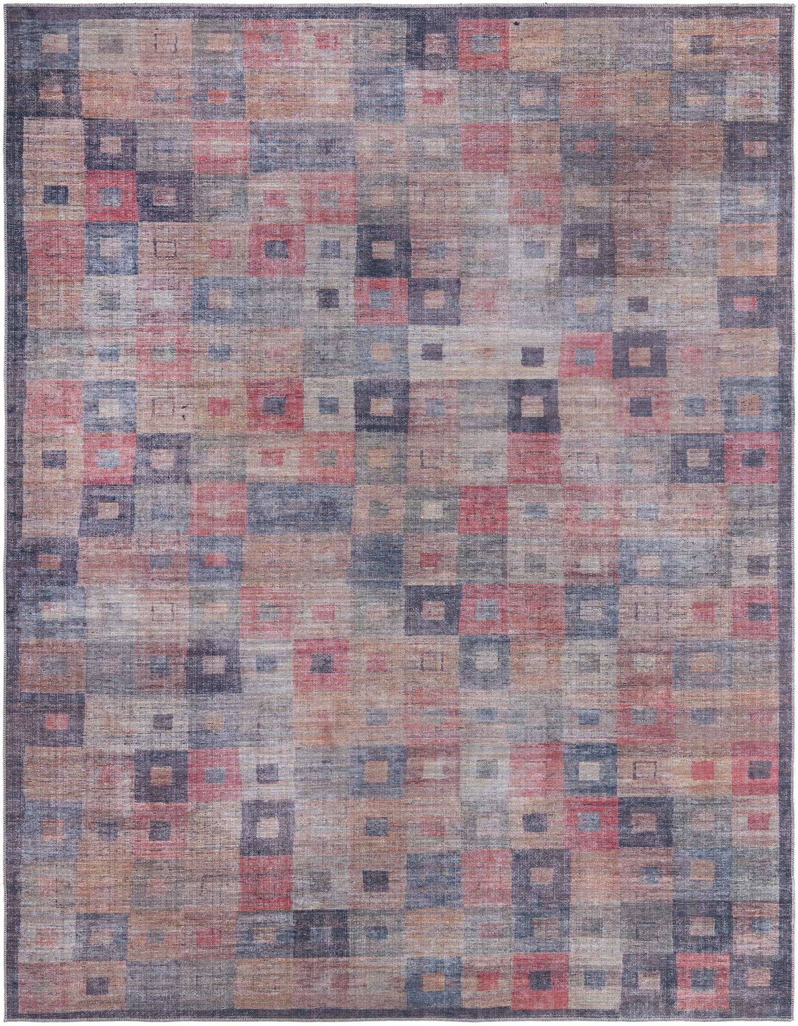 A 10x13 rectangular multi-colored modern vintage rug with a distressed geometric square pattern.