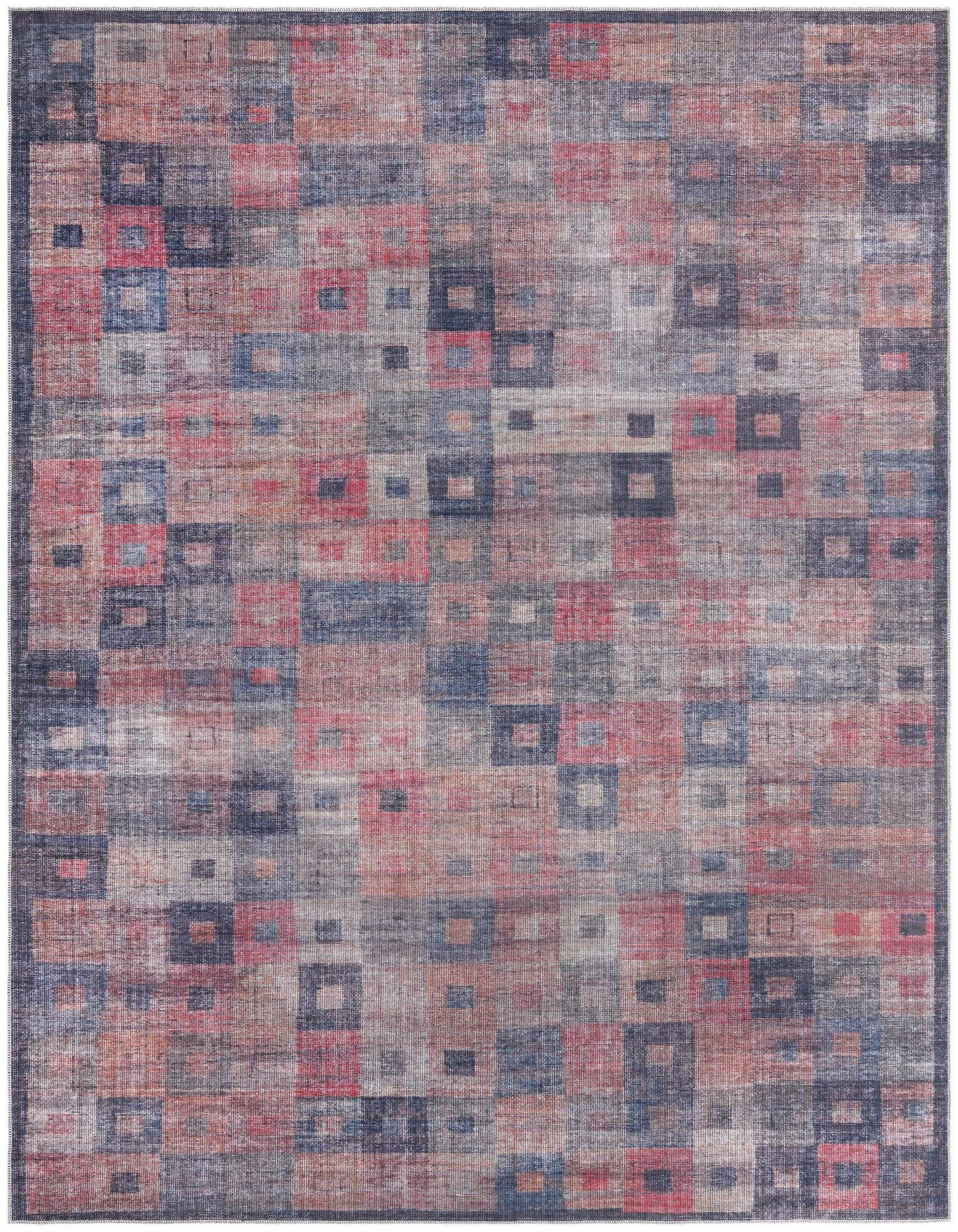 A 9x12 rectangular Sisu rug featuring a modern, vintage-inspired multi-colored geometric pattern of squares and rectangles in shades of blue, red, and grey.