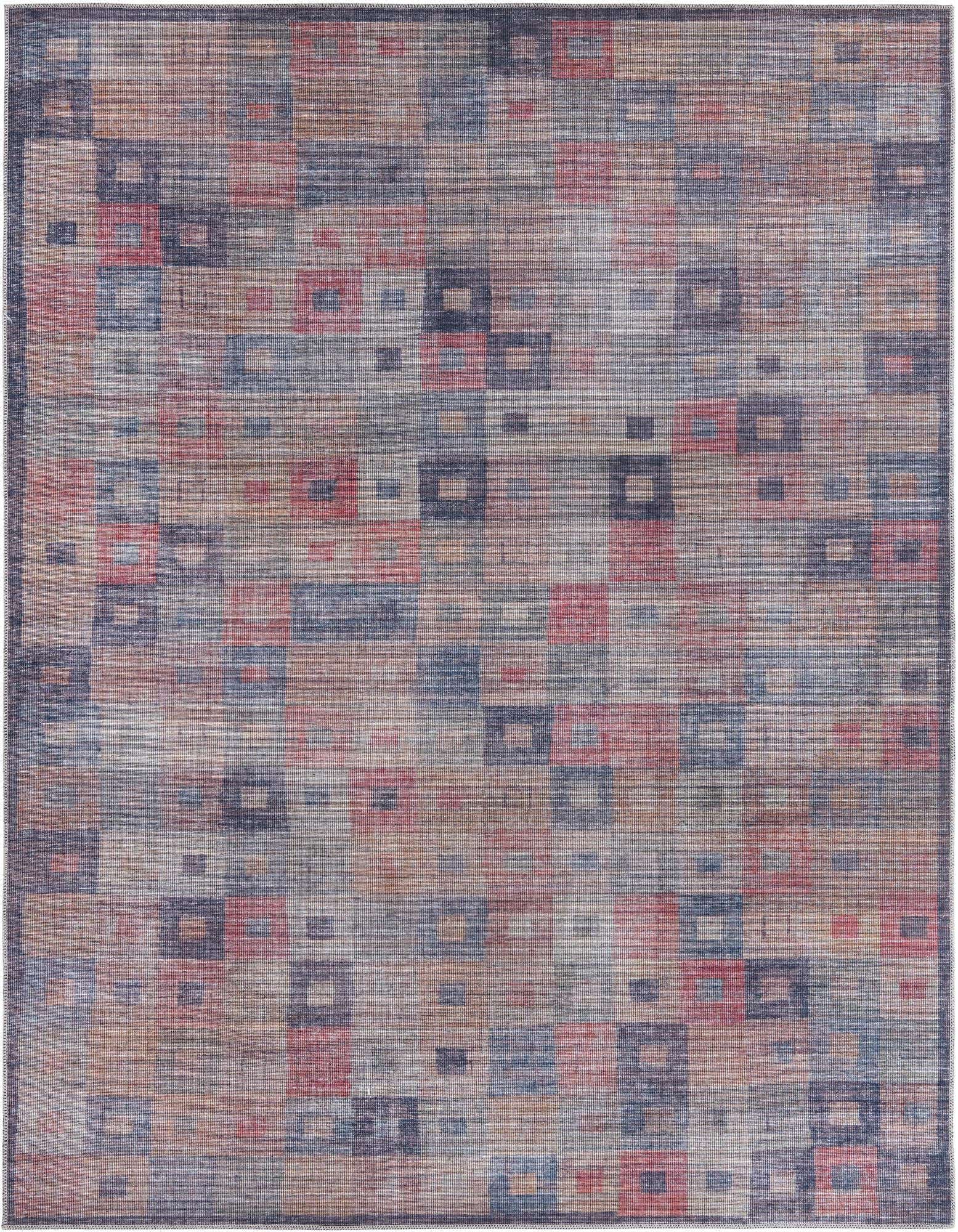 An 8x10 rectangular Sisu rug with a modern abstract pattern in multi-colored hues of red, blue, and beige.
