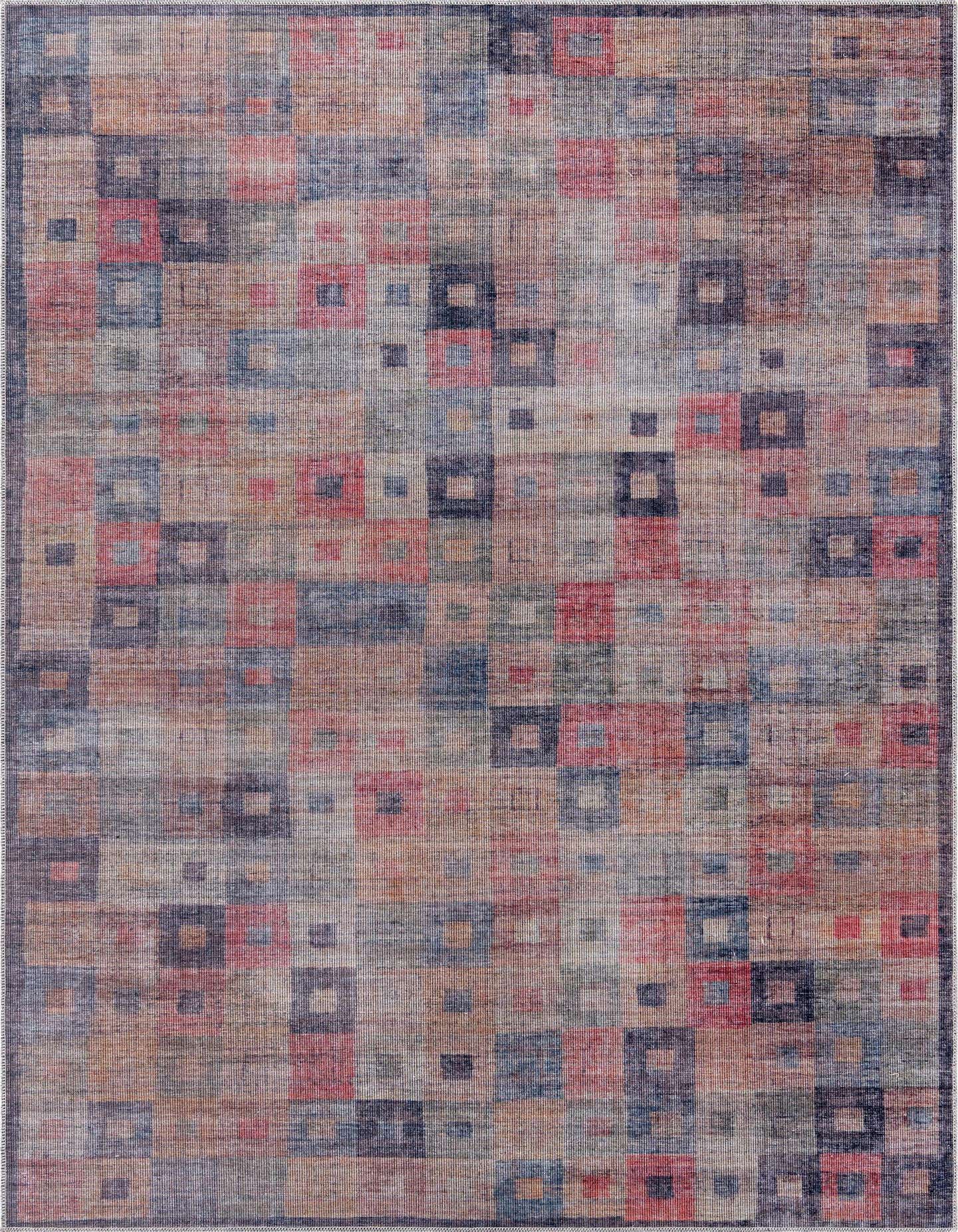A 7x10 multi-colored rectangular rug with a modern vintage geometric pattern of squares and rectangles in varying shades of blue, red, and beige.