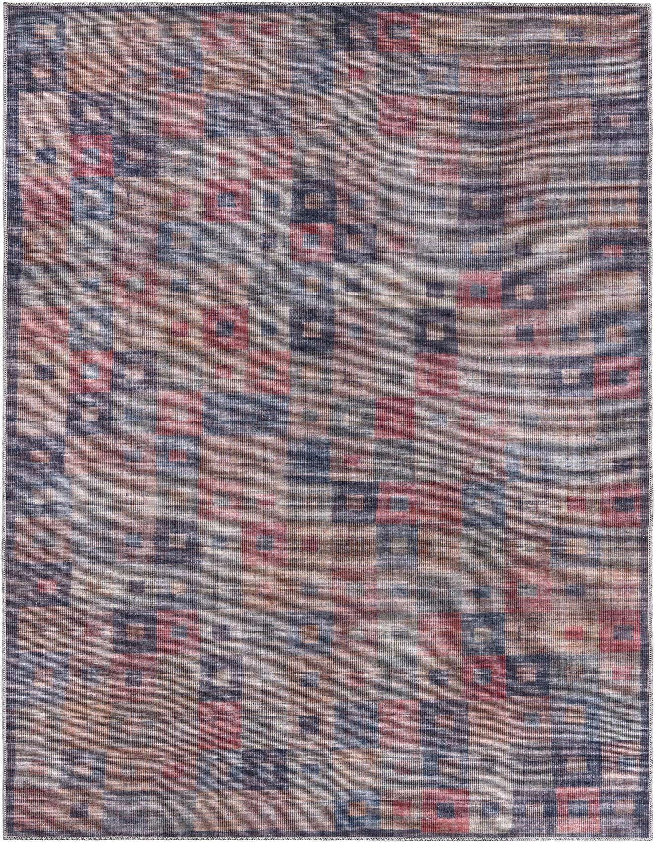 A 6x9 multi-colored rectangular rug with a modern vintage geometric pattern featuring faded red, blue, and beige squares.