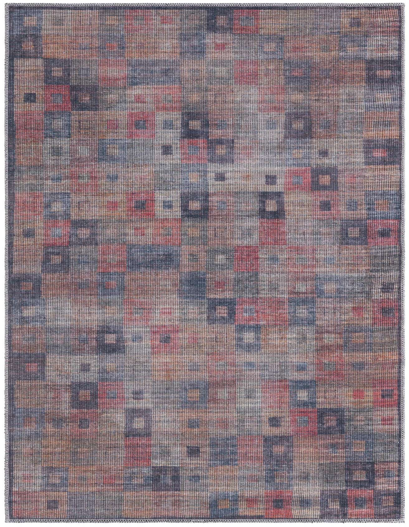 A 4x6 rectangular multi-colored rug with a modern, vintage-inspired geometric pattern of squares and rectangles, ideal for a living room or office.