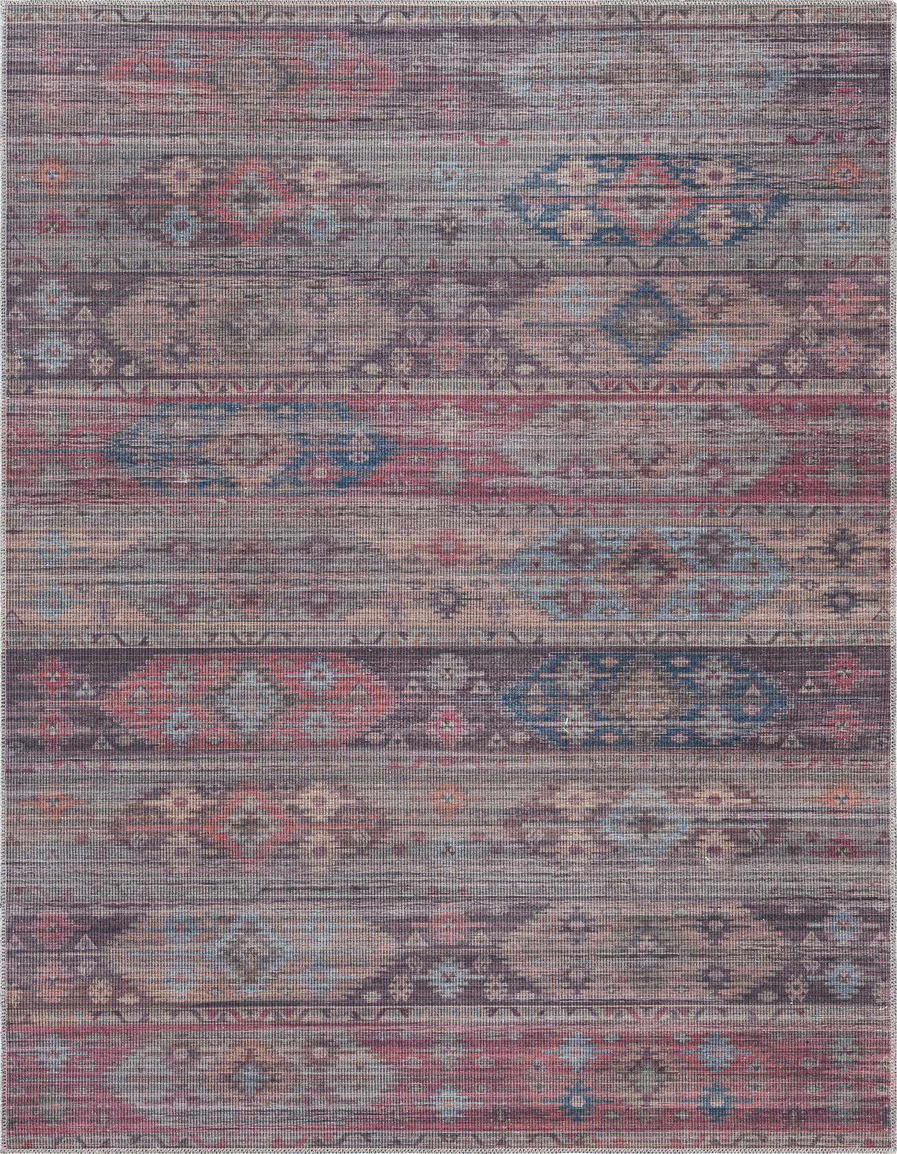 A 5x8 rectangular Sisu rug with a multi-colored tribal and abstract pattern, featuring faded reds, blues, and browns, suitable for a living room.