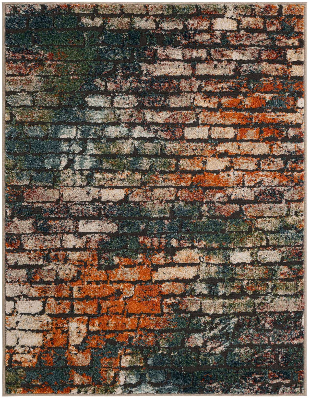 A rectangular 3x5 multi-colored rug with a distressed brick pattern in shades of orange, green, blue, and white, suitable for an indoor space.
