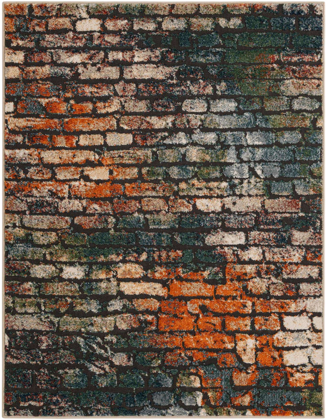 A 4x6 multi-colored rectangular rug with a distressed brick wall pattern, featuring shades of orange, green, blue, and white.