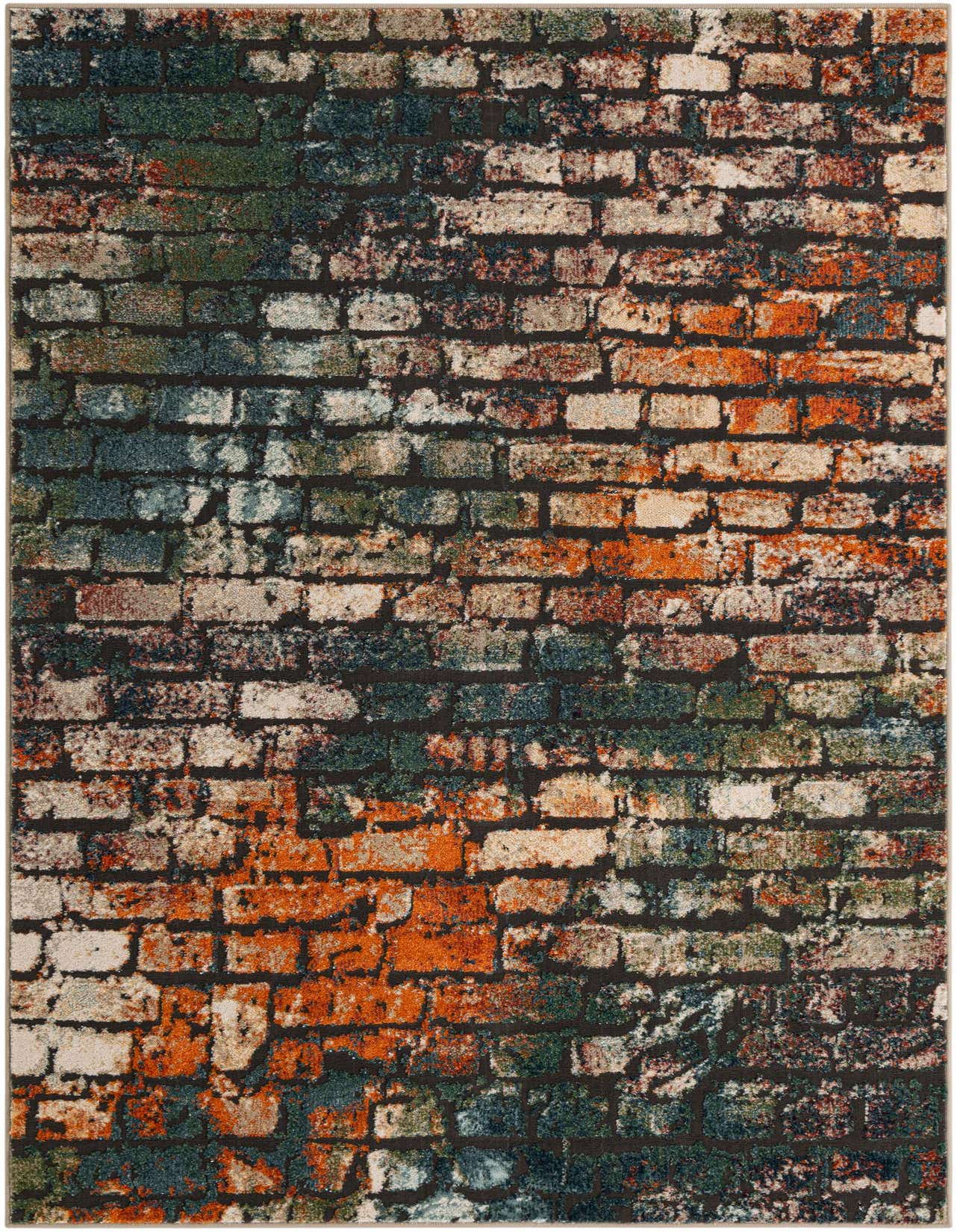 A 5x8 rectangular multi-colored rug featuring a distressed brick wall pattern with shades of orange, green, blue, and white.