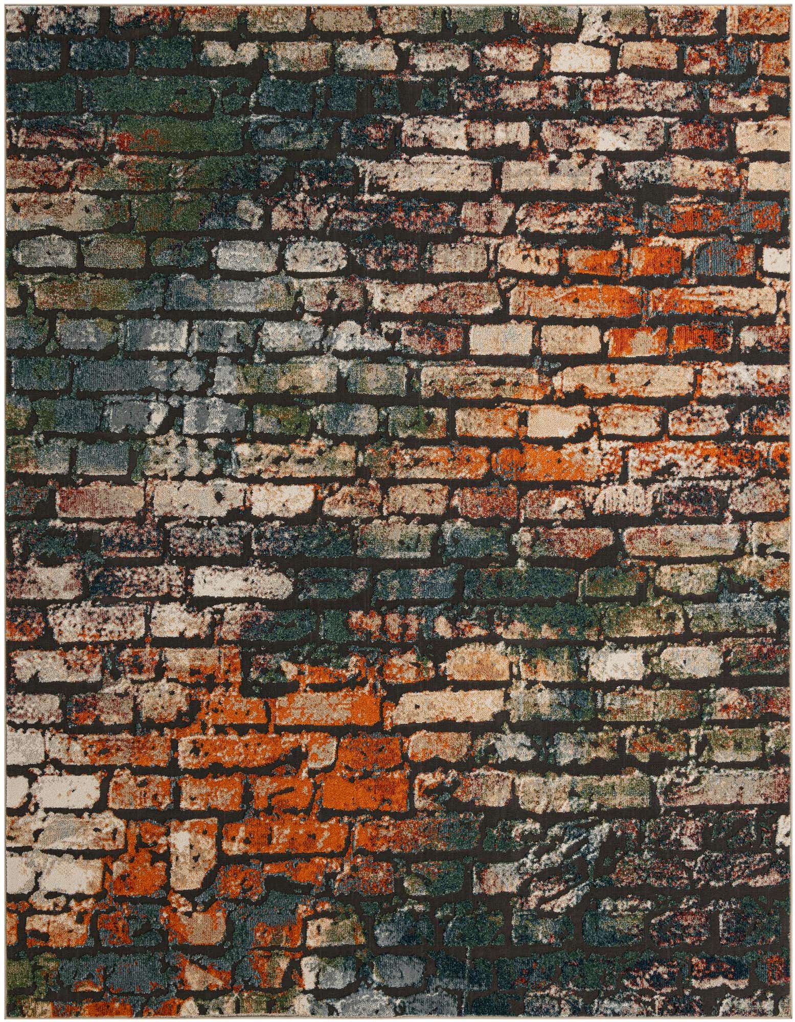 A rectangular 8x10 multi-colored rug featuring a distressed brick wall pattern with shades of orange, green, grey, and cream.