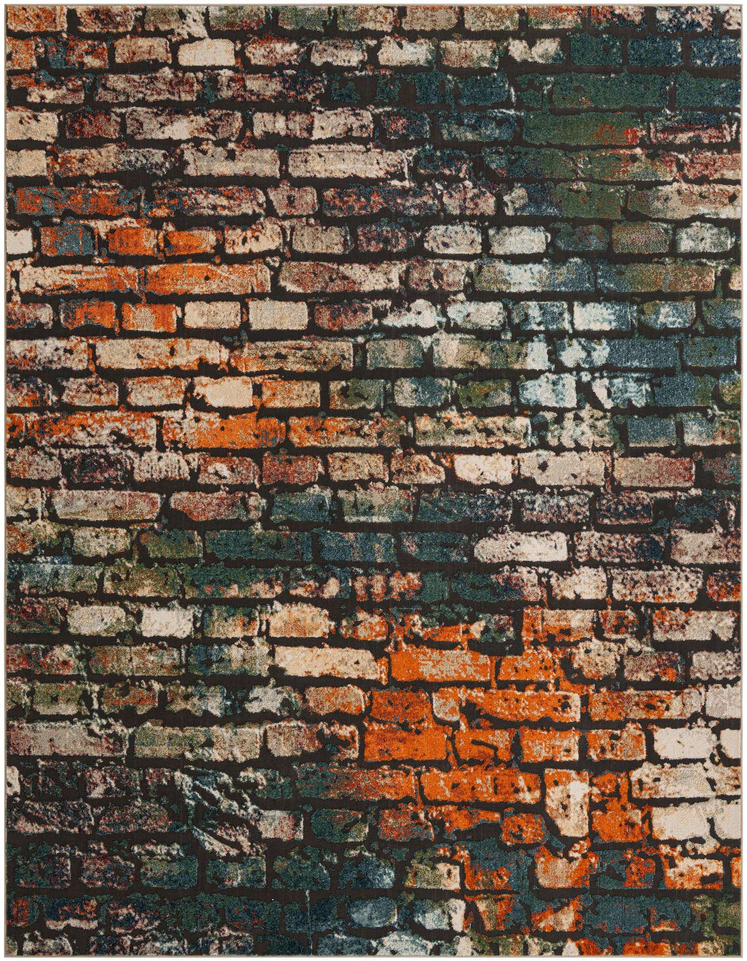 A 9x12 rectangular multi-colored rug featuring a distressed brick wall pattern with shades of orange, green, blue, and white.