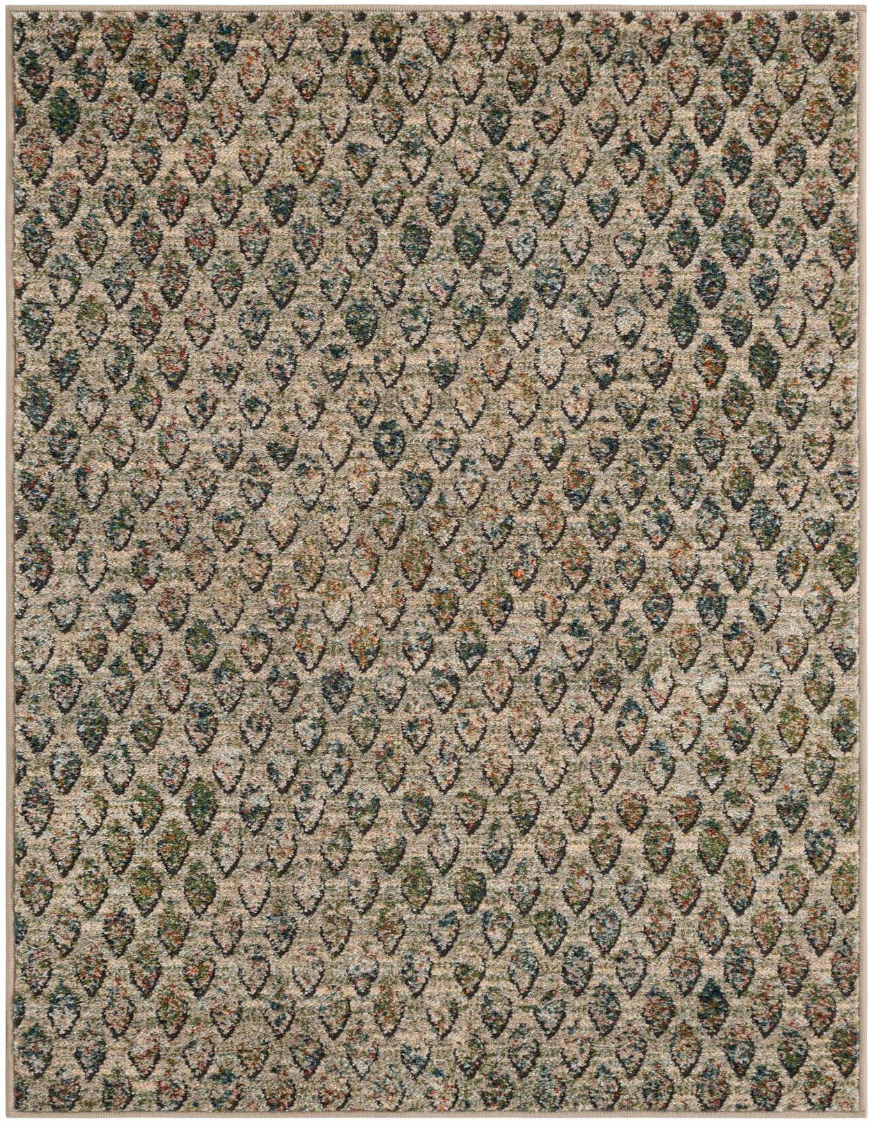 A 3x5 rectangular multi-colored rug with a textured, repeating leaf-like pattern in shades of green, blue, and brown on a beige background.