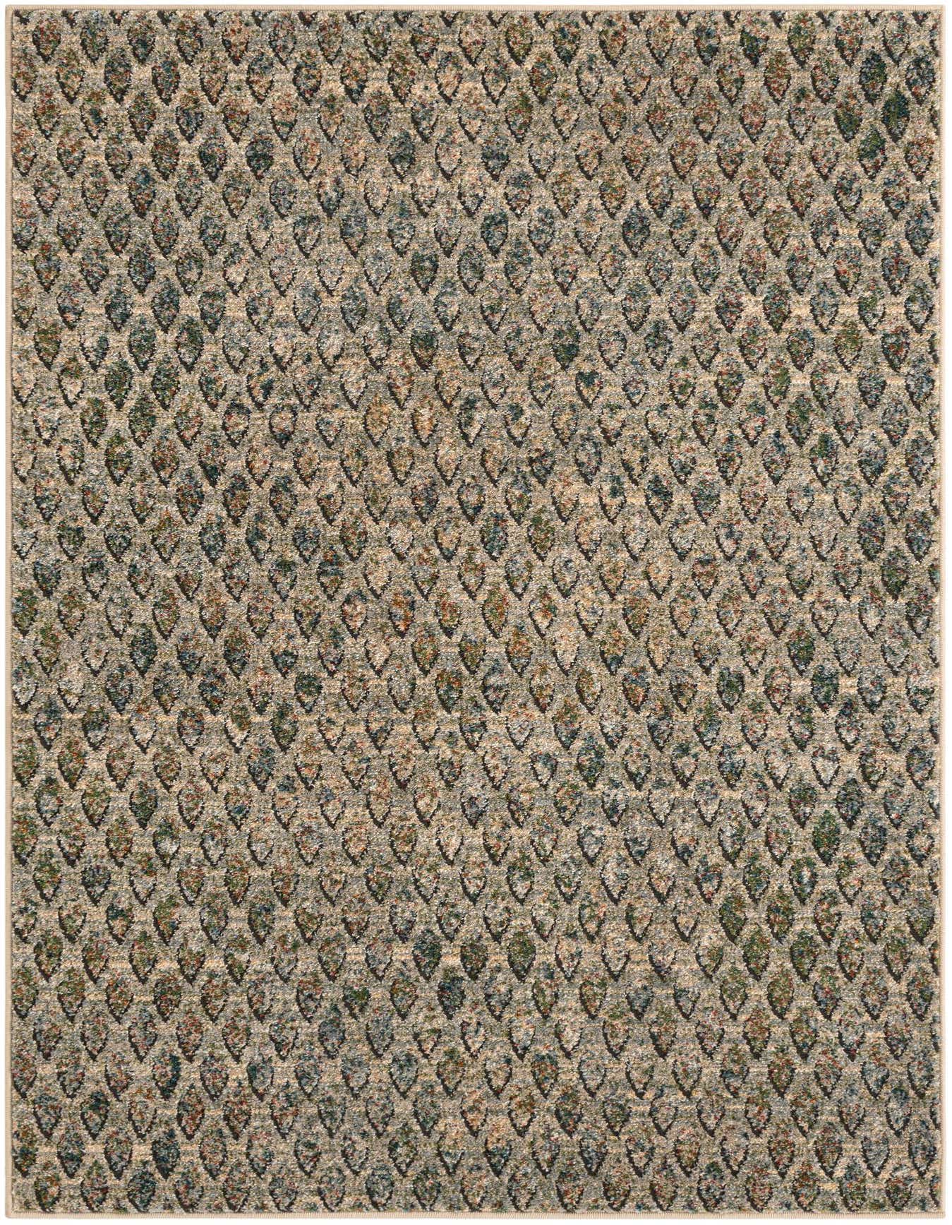 A 4x6 rectangular multi-colored rug with a textured, repeating scale-like pattern in shades of blue, green, and brown on a beige background.