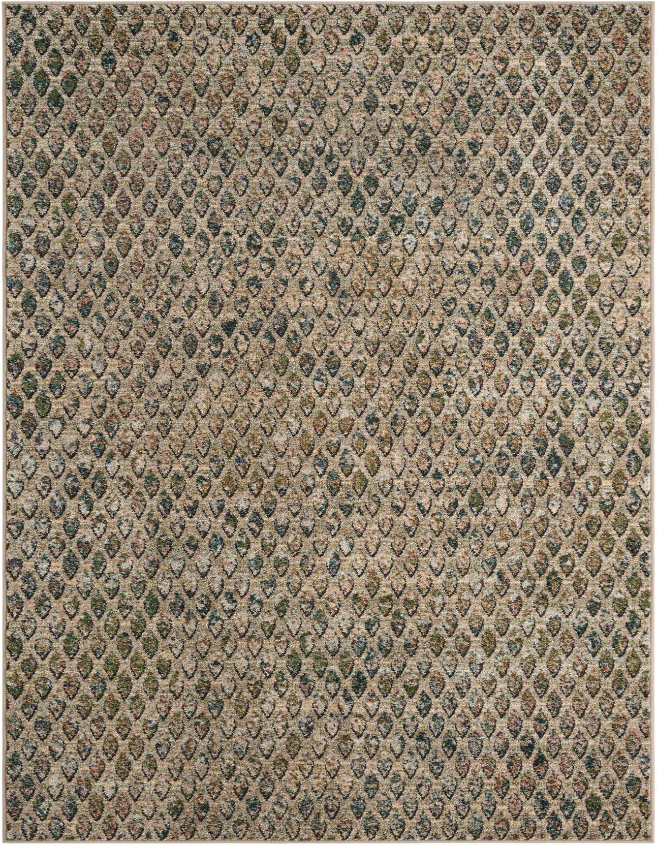 A 5x8 rectangular multi-colored area rug with a textured, medium pile featuring a repeating geometric pattern of small, leaf-like shapes in various earthy tones.